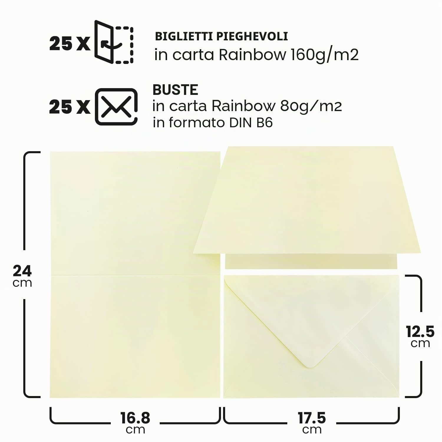 Rainbow Netuno 25 biglietti pieghevoli formato B6 12,5 x 17,5 cm carta colorata crema con buste set creativo