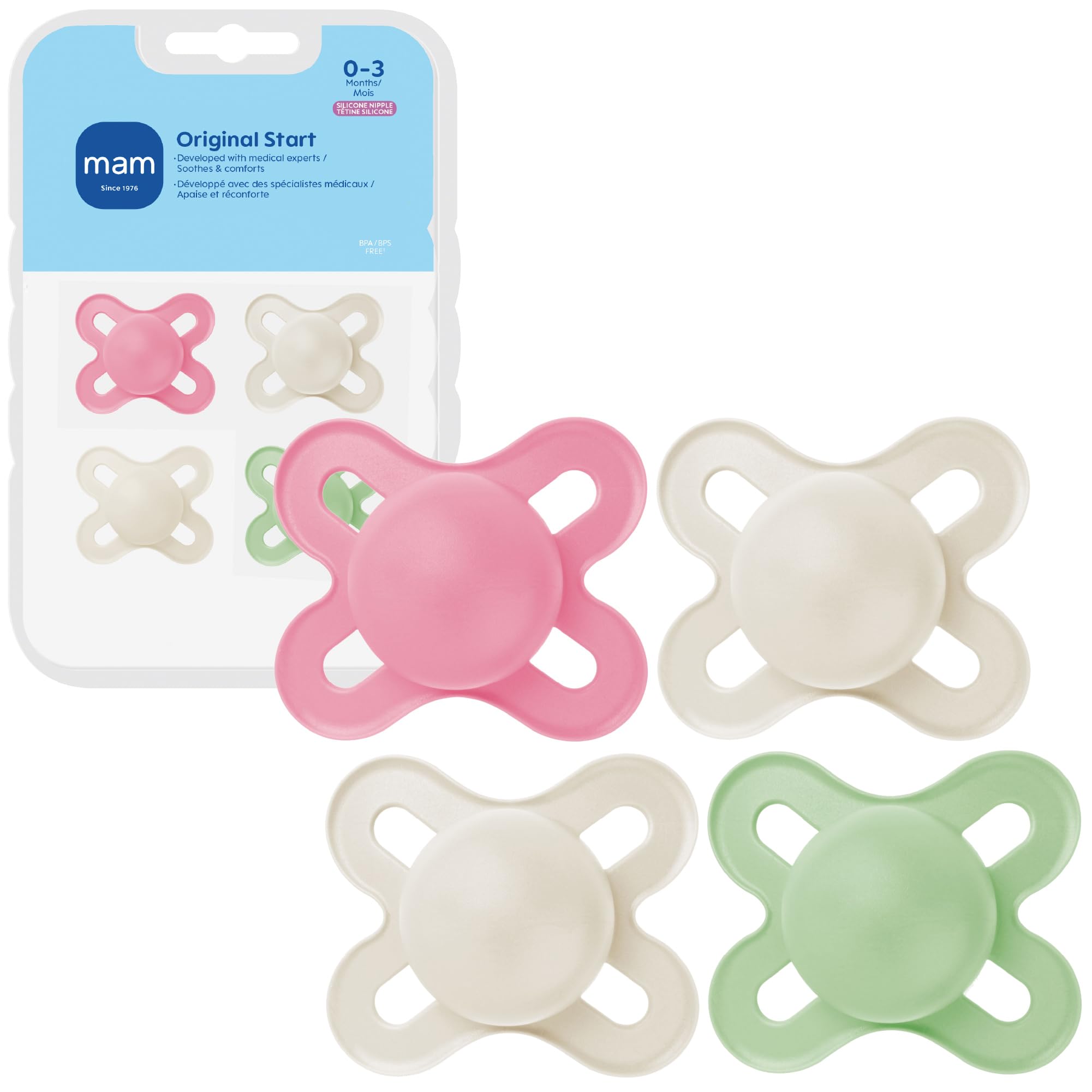 MAM Original Start Baby Pacifiers 0-3 Months, BPA-Free Skin Soft Silicone Nipple, Glows in The Dark, Developed with Medical Experts Specially for