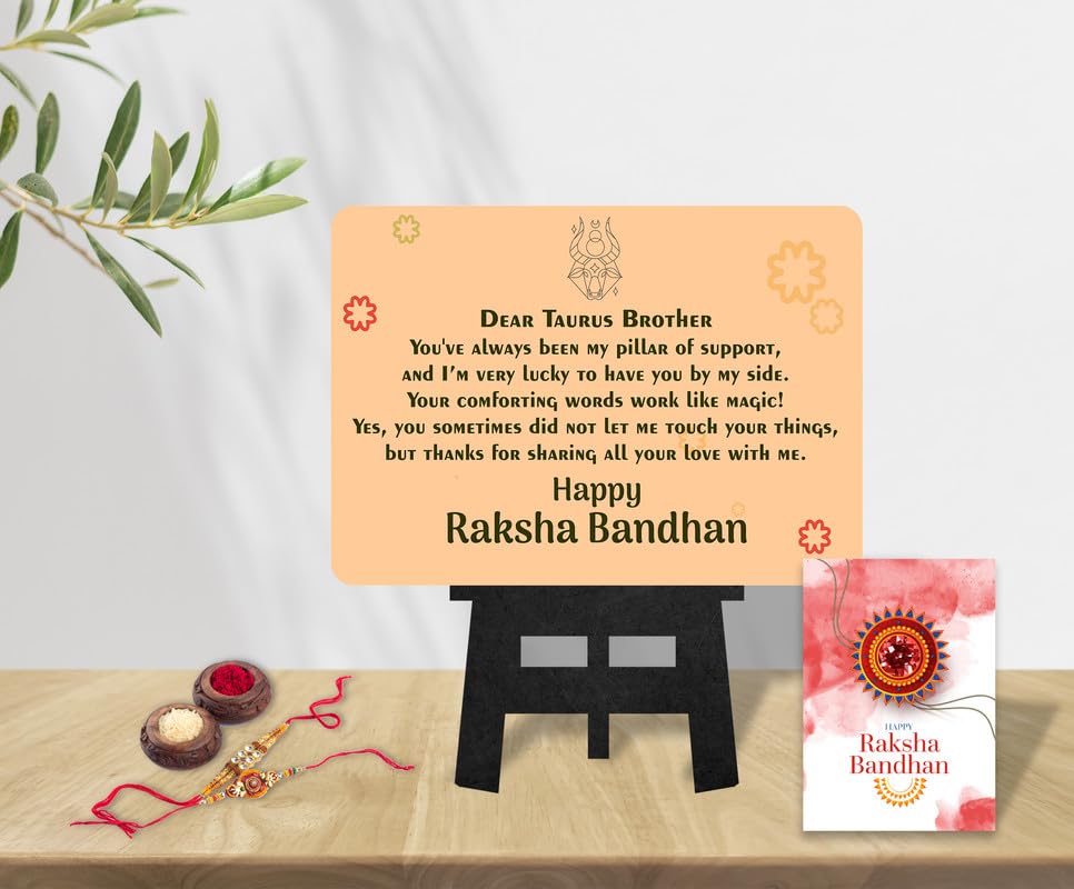 SAF Combo Rakhi Gift Hamper for Brother with Brother Sister Love Quote MDF Showpiece for Taurus Zodiac Sign Brother - Fancy Rakhi and Raksha Bandhan Greeting Card||Gifts for Brother -Sister RC-12