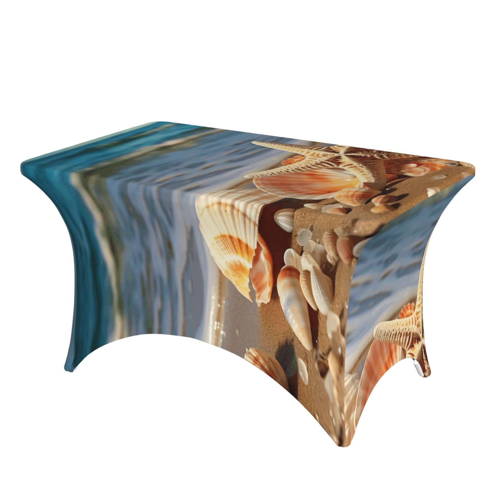 LKTPSKQRY 4ft Spandex Table Cloth For Rectangle Tables, Wrinkle Resistant Stretch Tablecloths Protector Seashells On The Sandy Beach Washable Patio Table Cover For Wedding, Party, Banquet, Picnic