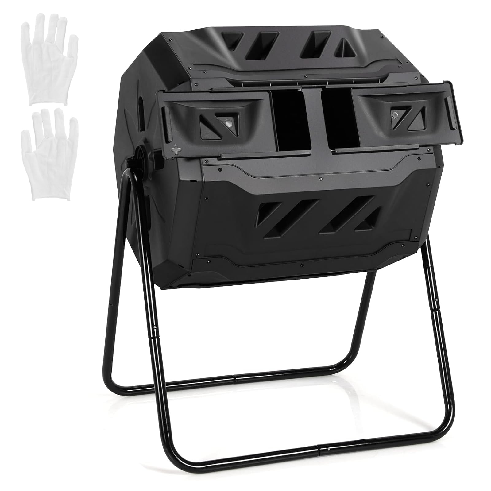 COSTWAY 160L Trommel-Komposter, Gartenkomposter Doppelkammer, 360° drehbar, Kompostschleuder mit 2 Schiebetüren & Handschuhe, Schnellkomposter aus PP & Metall, für Garten Balkon, 70x63x93cm (Schwarz)