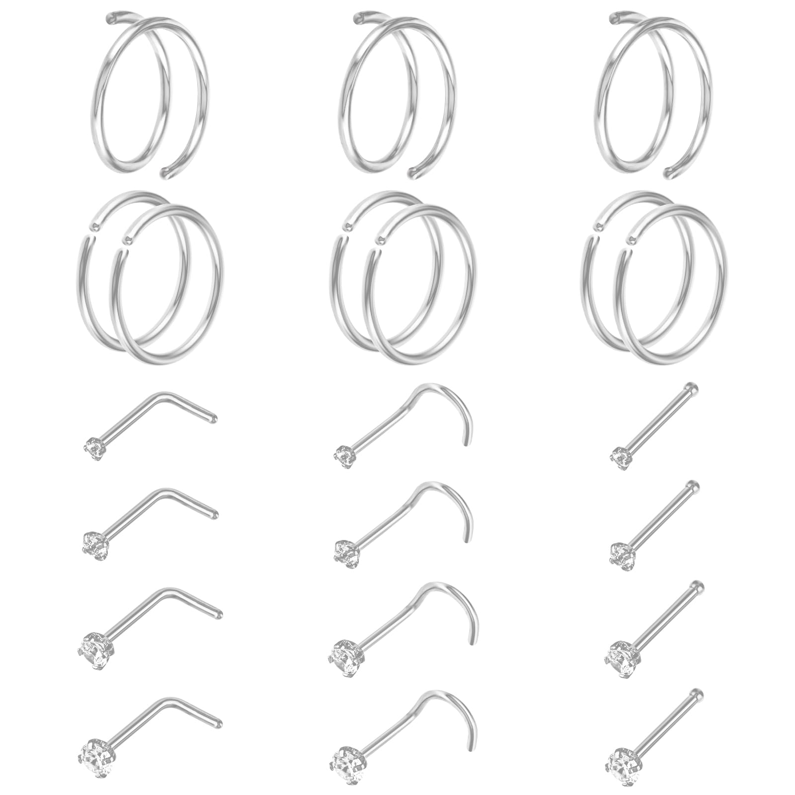Telooco 21 Piezas Piercings para Nariz de Acero Quirúrgico 20 G Anillo para la Nariz para Hombres Mujeres Tabique de Nariz Anillos para Nariz de Acero Inoxidable L Joyería para Piercing