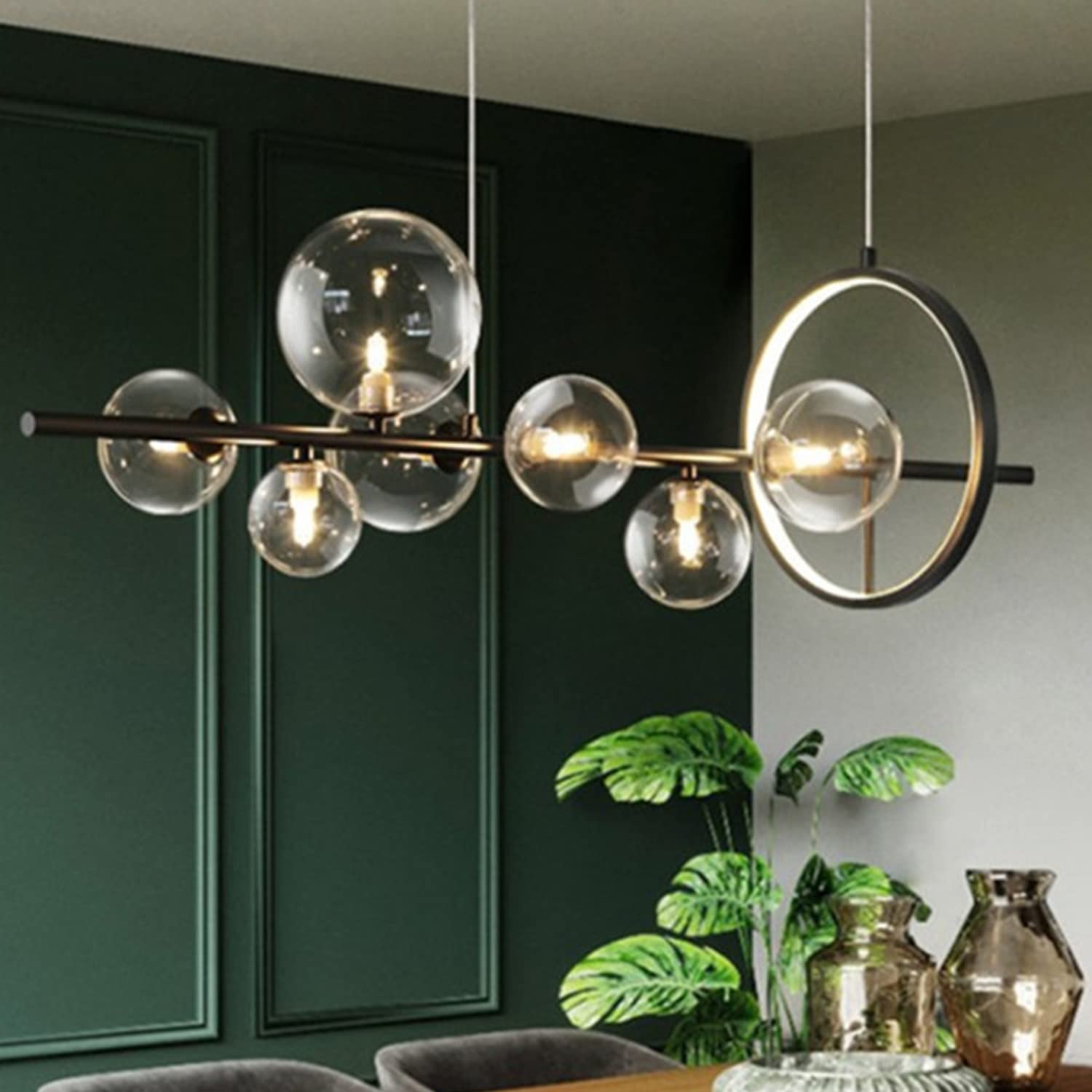 HYJAUSXB Pendant Lamp, LED Chandelier, Glass Bubble Lampshade, G9 Bulb, for Living Room Kitchen Office Bedroom Dining Island, Trichromatic Light