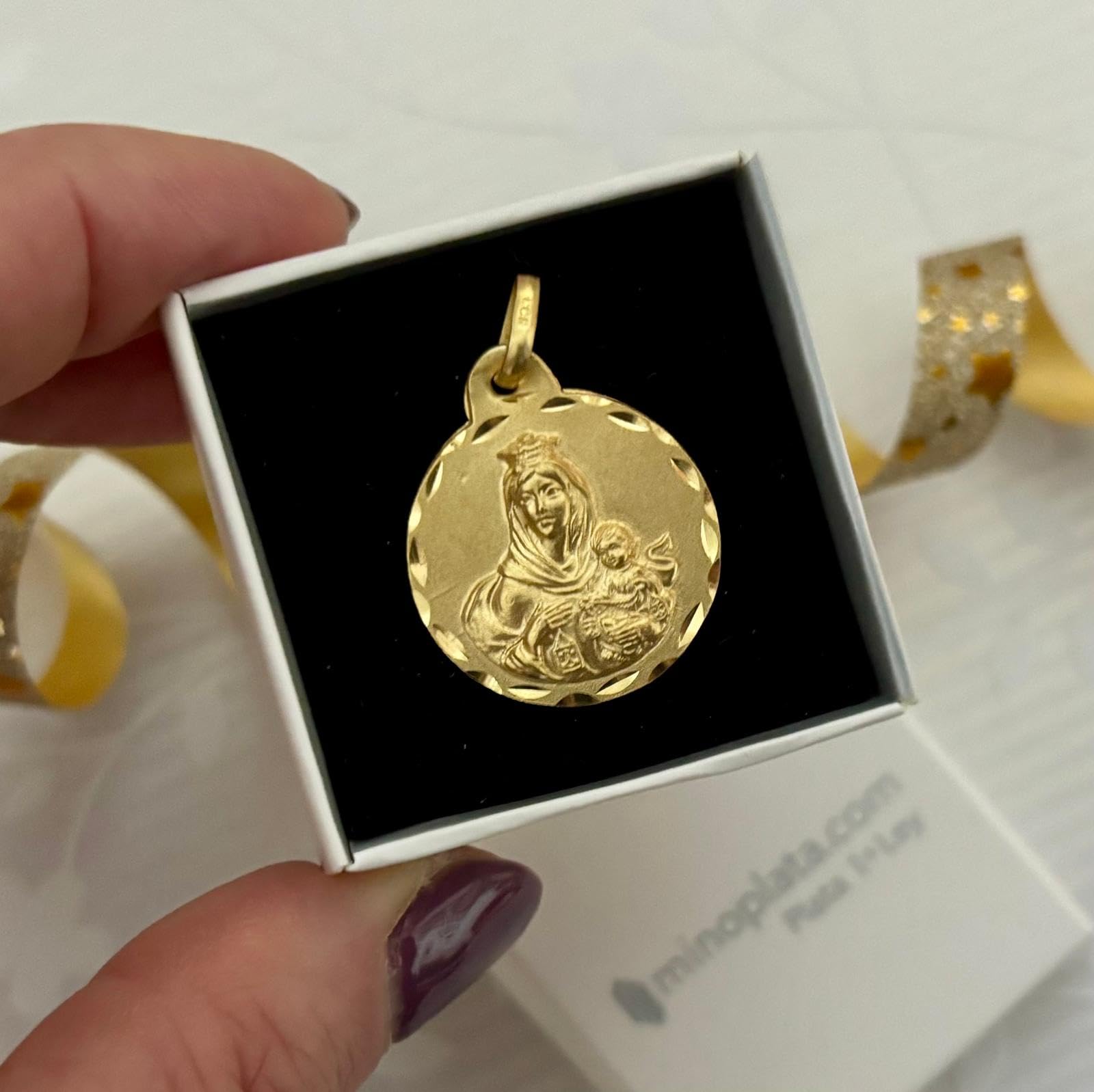 Médaille scapulaire Vierge du Carmen et Sacré-Cœur de Jésus, argent sterling 925 plaqué or, 20 mm, double face avec bord sculpté