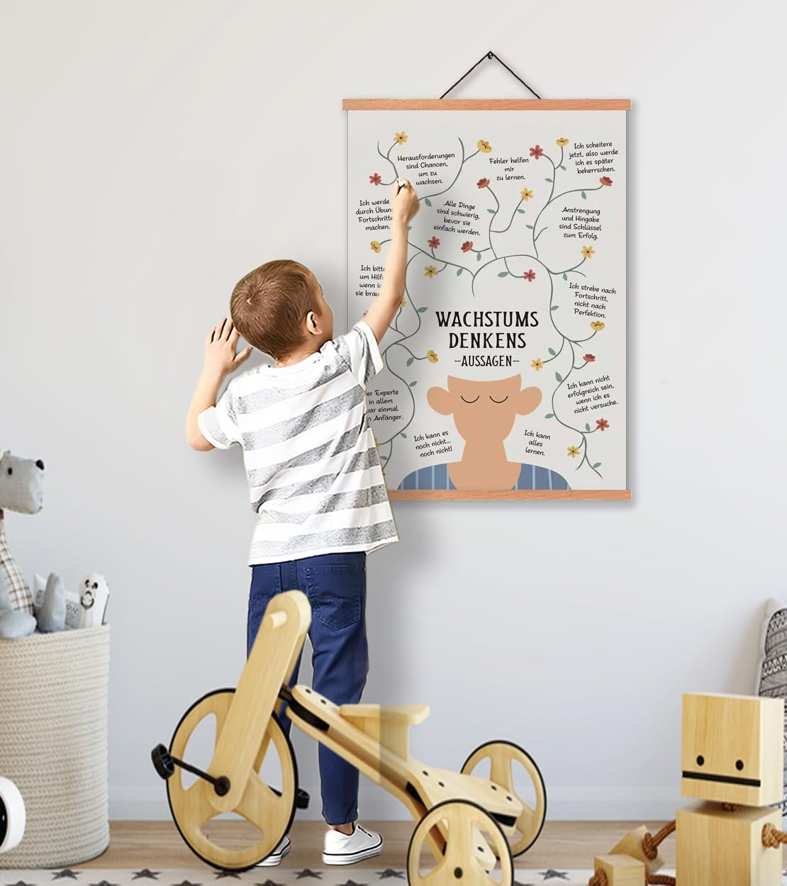 ZDFDC Wachstumsdenken Poster A3 Set mit Teakholz Magnetischer Posterleiste, 30x42 cm Leinwandbild Growth Mindset Aussagen für Grundschule & Kinderzimmer, Motivierende Lernposter Wanddeko