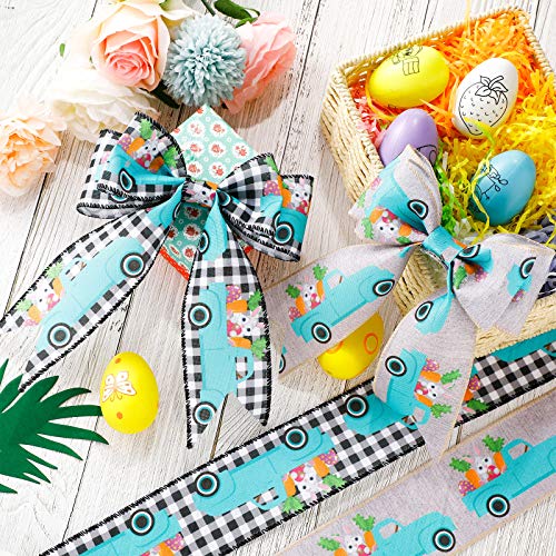 2 Rolls 2.5 Inch X 10 Yards Easter Wired Edge Ribbons Bunny Carrots Truck Gingham Ribbon Black White Plaid Ribbon Easter Bunny Fabric Ribbon For Wrapping Diy Crafts Decoration #TOP2