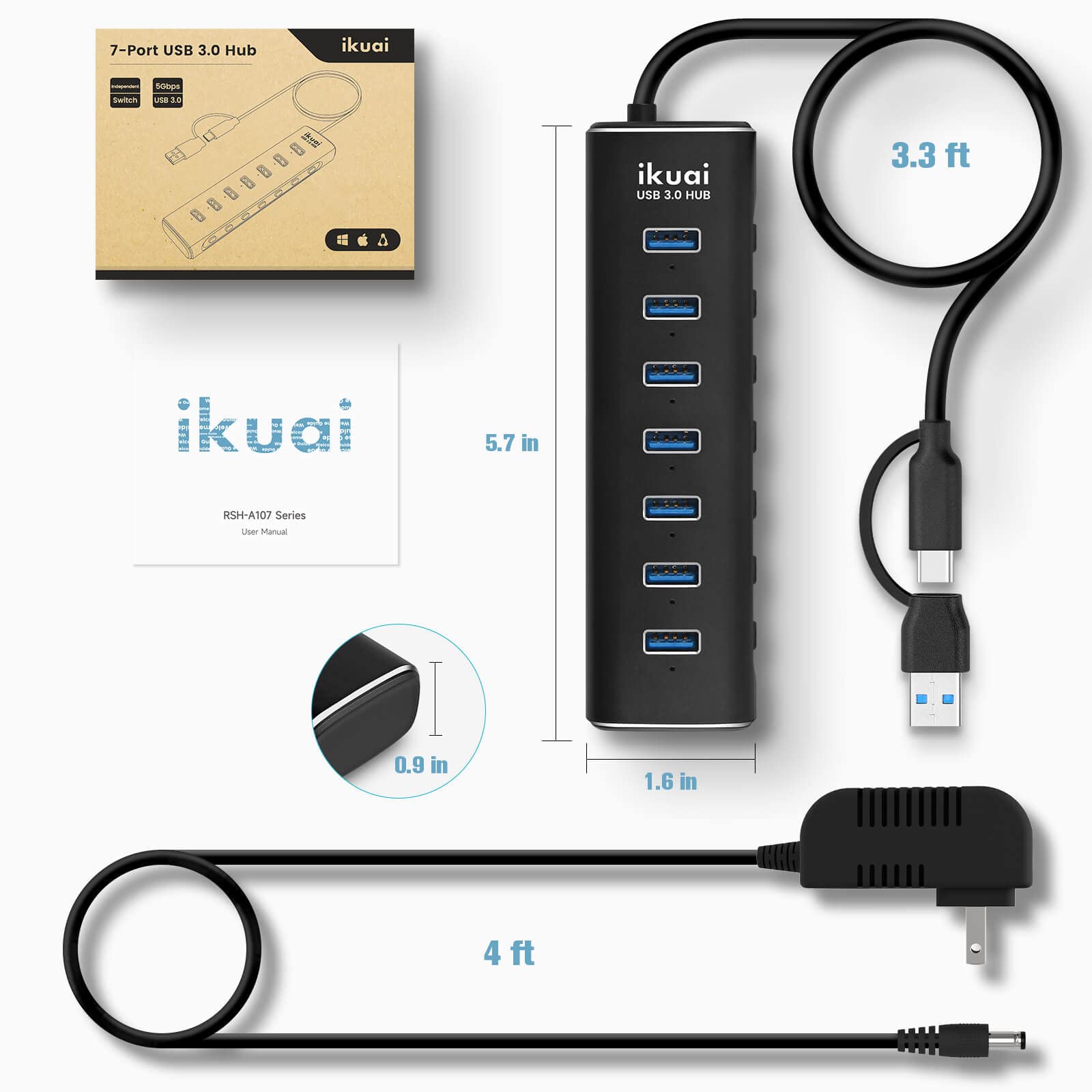 Hub USB 3.0/USB C, divisor de aluminio de 7 puertos con adaptador de CA, interruptores individuales de encendido/apagado LED y cable largo extendido de 3.3 pies para laptop, Mac, PC, unidad