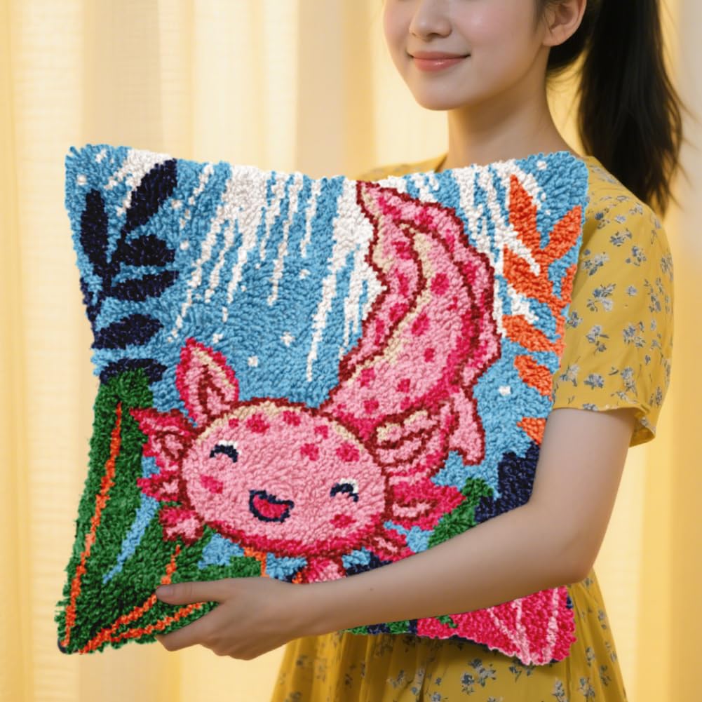 FREEBLOSS Knüpfsets Für Erwachsene Und Anfänger Axolotl Vordrucke DIY Häkel Und Knüpfsets Kissenbezug Zur Dekoration Des Sofas Inklusive Anleitung (17 x 17 Zoll)