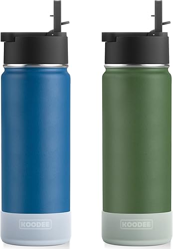 koodee Paquete de 2 botellas de agua de 22 onzas de acero inoxidable con aislamiento, con pajilla, reutilizable, sin BPA, botella de agua deportiva