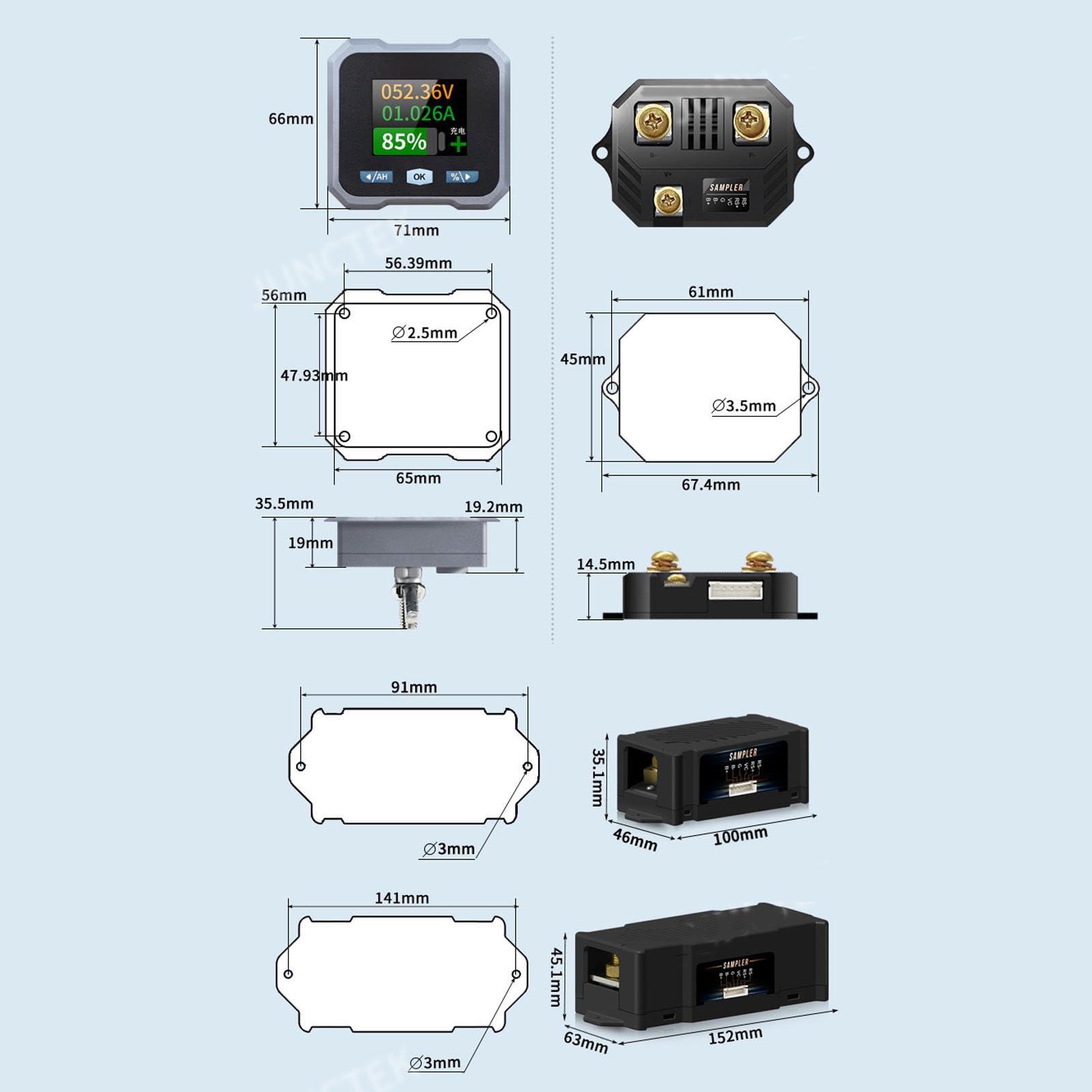 Batteriemonitor mit Shunt, 100 A, 10–100 V, Digitales Strom-Voltmeter, Amperemeter für Wohnmobil, Motorrad, Golfwagen, Solarpanel-Batterie mit 1,8-Zoll-Farbbildschirm,