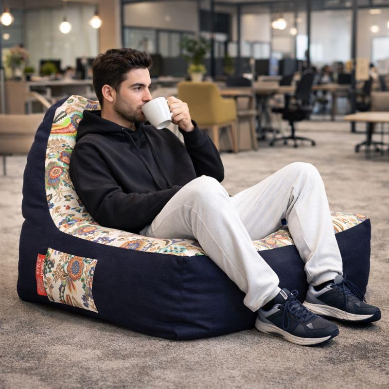 Image of Style Homez Urban Design Denim Canvas Floral Printed Chair Bean Bag XXL Size Filled with Beans Fillers