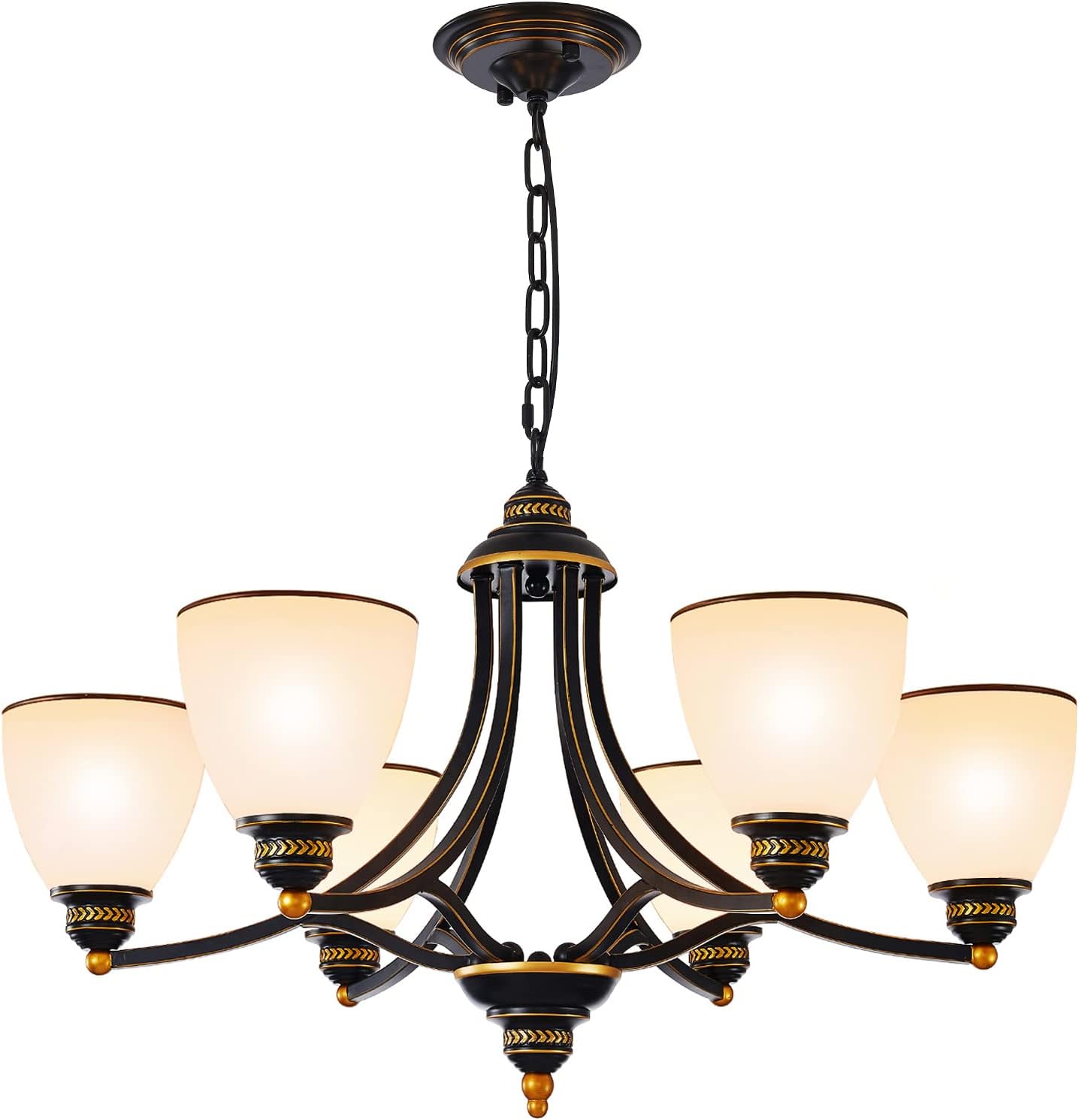 Farmhouse Chandeliers for Dining Room, 6-Frosted Glass Shades Chandelier,Black Metal Lights Fixture, Adjustable Height Pendant Lighting, Dining Light for Kitchen, Living Room