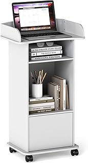 Lecterns & Podiums Portable Mobile Wood Lectern Reception Desk with Adjustable Shelf and Lockable Wheels Lectern Stand for Churches Conference School (White)