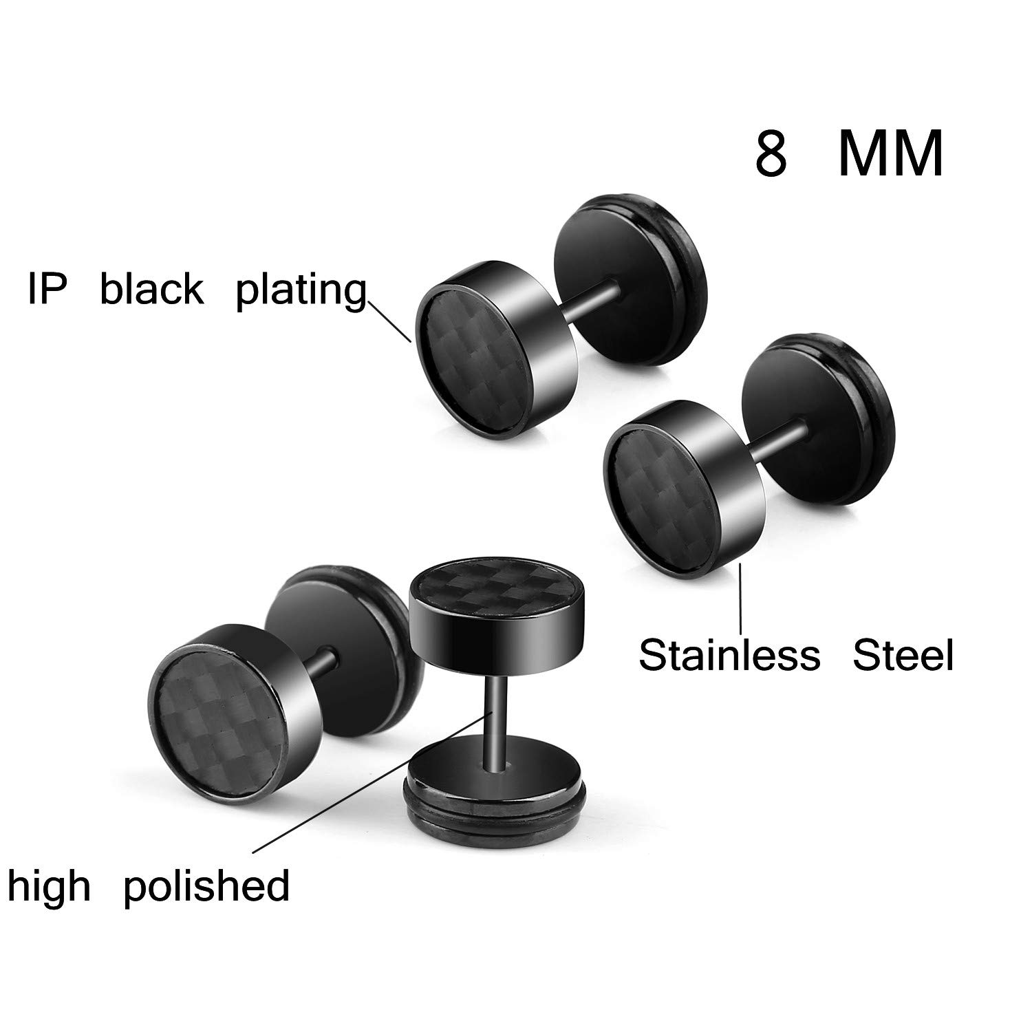 Boucles D'Oreilles Barbell Haltère à Visser - 6 Paires Hypoallergéniques Noir Pour Hommes Et Femmes