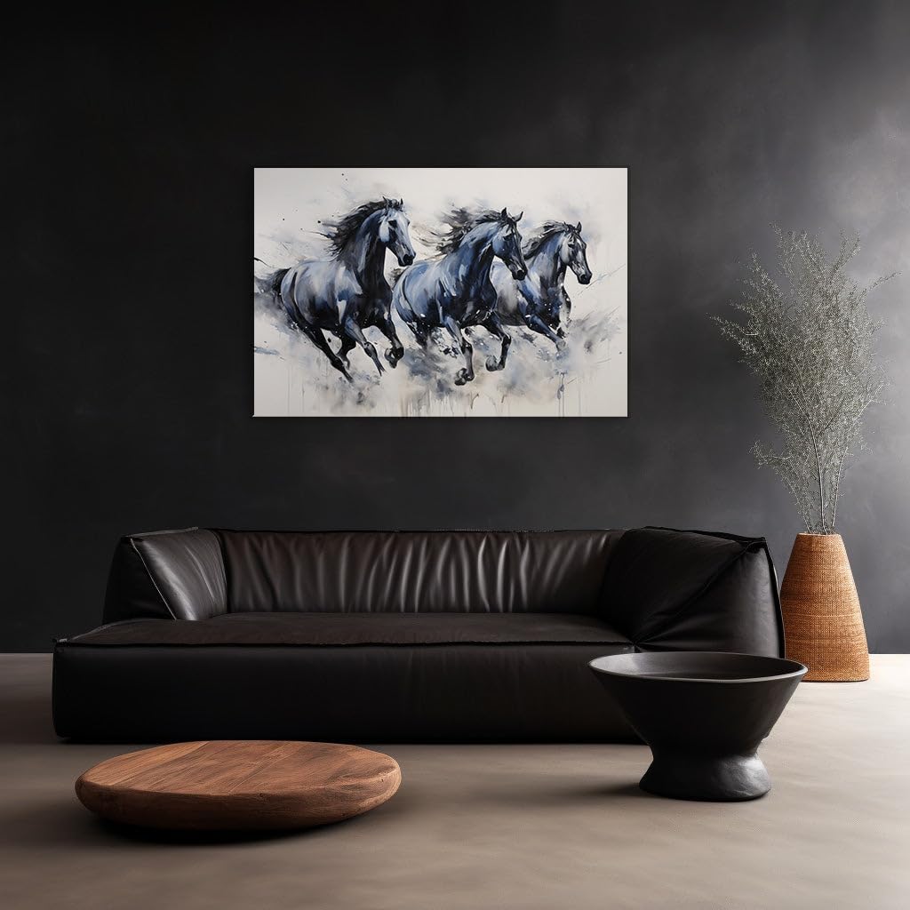 Canvas for Living room. Galloping Grace: The Dynamic Energy of Black Horses in Watercolor Snowscape, 27 x 18 inch Canvas Wall Art - Ready to Hang