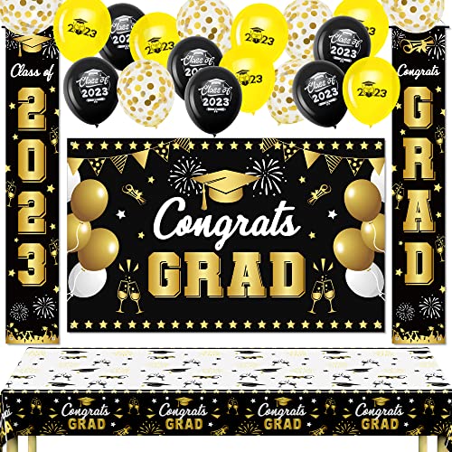 Graduation Party Decorations 2023, Black Gold Graduation Party Supplies, Class of 2023 Congrats Grad Banner Backdrop Balloons Tablecloth Graduation Decor for College High School Prom Decor