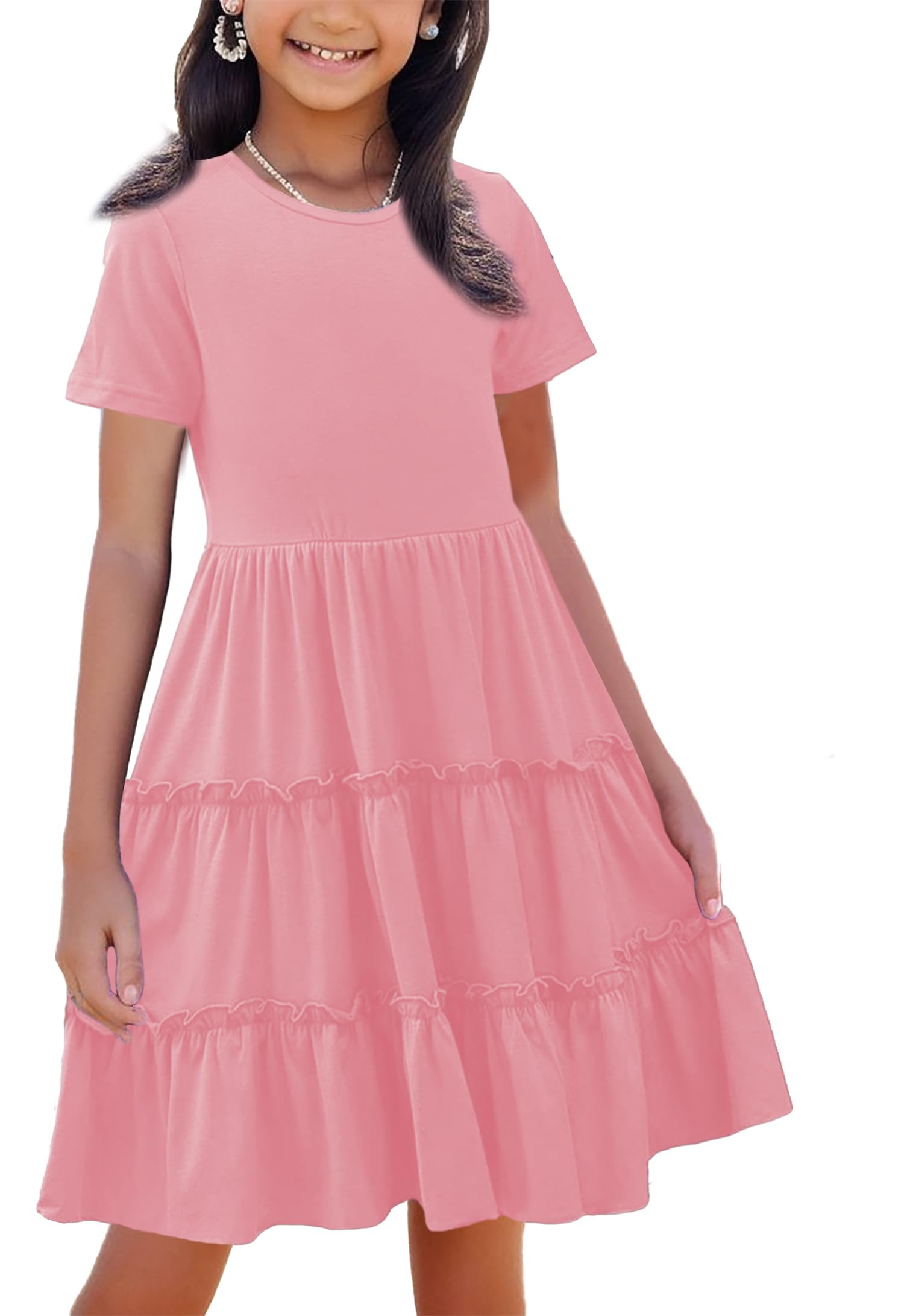 WUIRMELY Girls' Summer Dresses Empire Waist Ruffle Sleeve Tiered Swing A-Line Casual Cotton Sundress 5-11Y