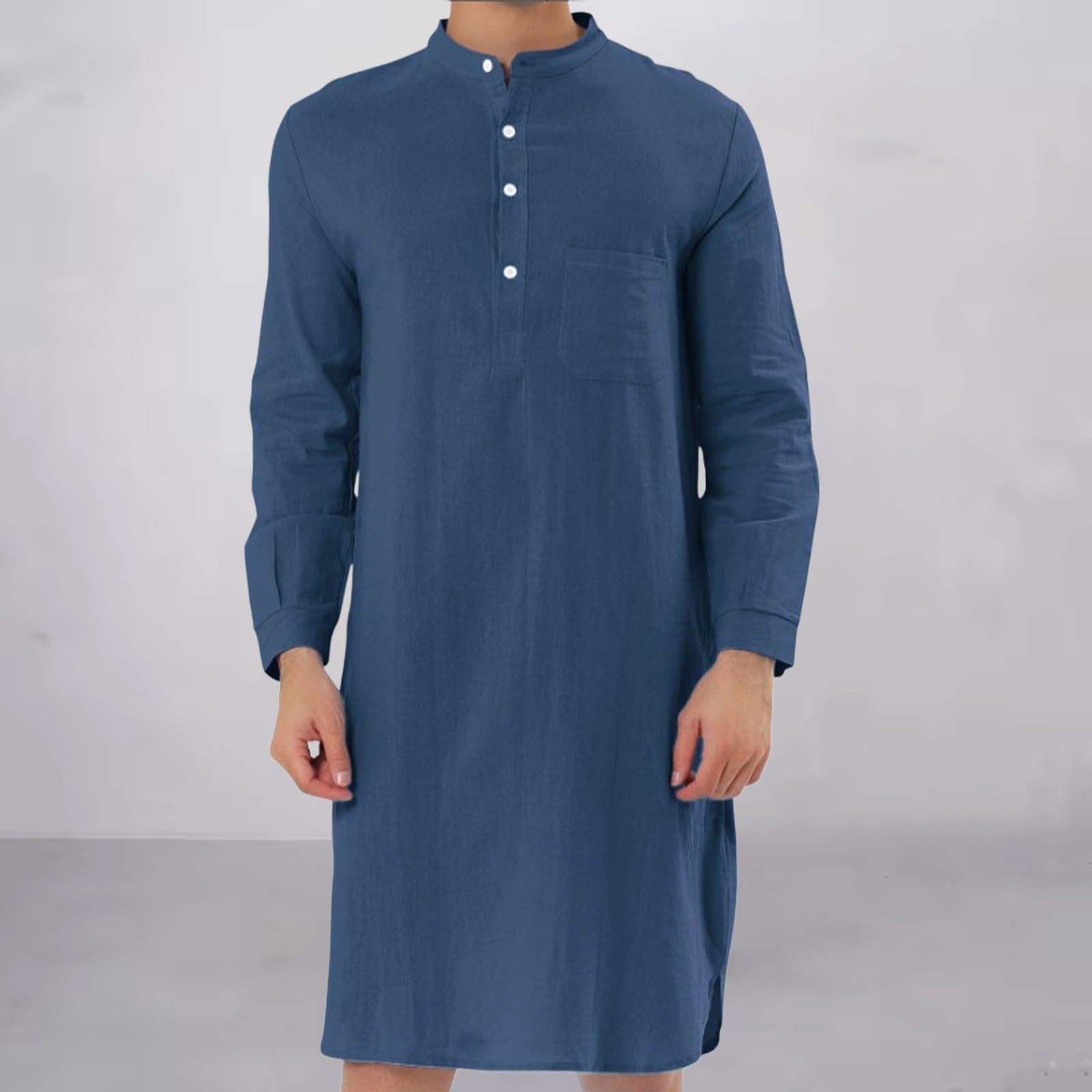 Herren-Nachthemd mit Knopfleiste, Baumwolle, langärmelig, Rundhalsausschnitt, knielang, atmungsaktiv, lockere Nachthemden mit Taschen, weiche Homewear Nachtwäsche