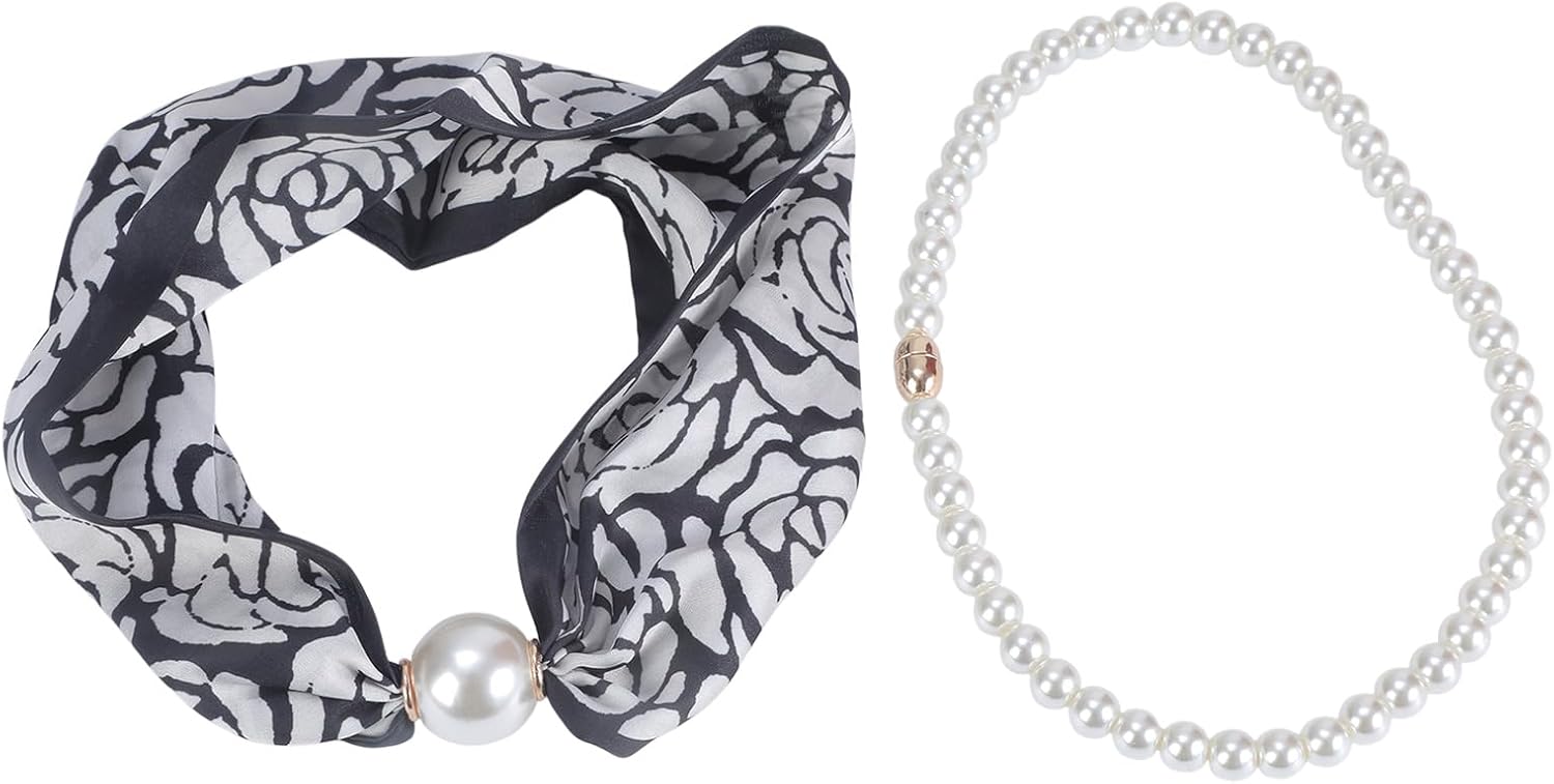 Head Scarf, Magnetic Clasp Pearls Chain Necklace Floral Satins Scarf Skinny Narrow Neckerchief for Fashionable Women