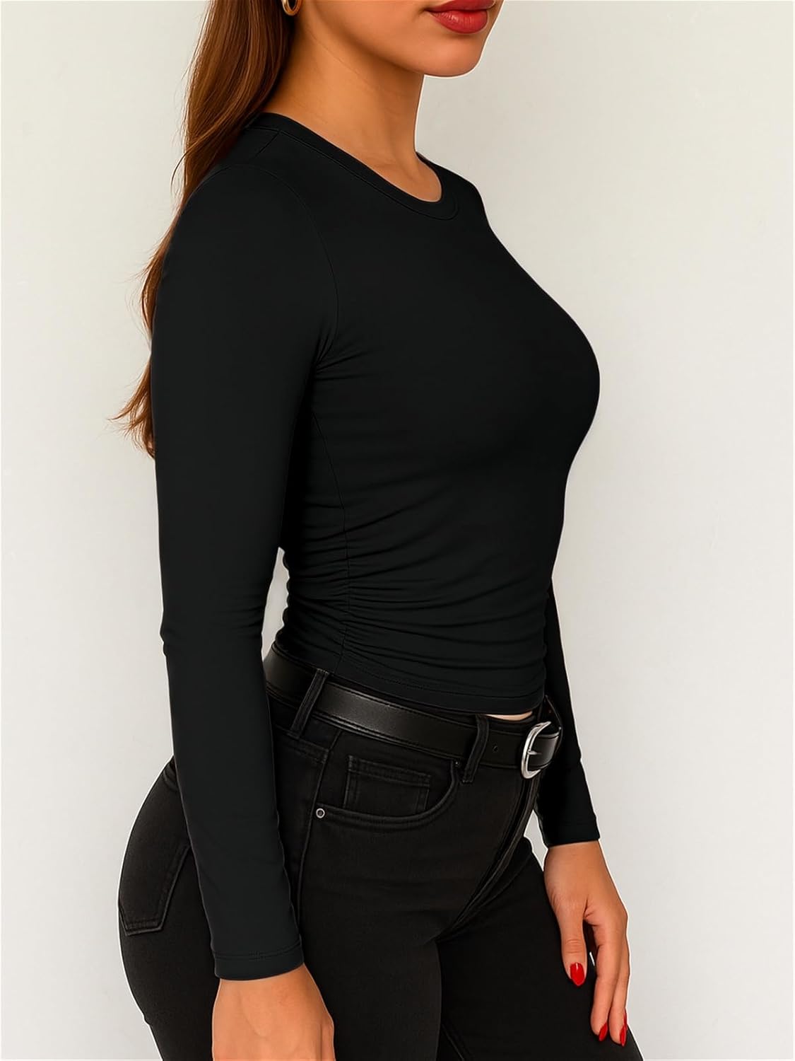 ForeFair Womens Long Sleeve Shirts Ruched Basic Going Out Tops Crew Neck Fall Winter Tee Casual Clothes - Image 3