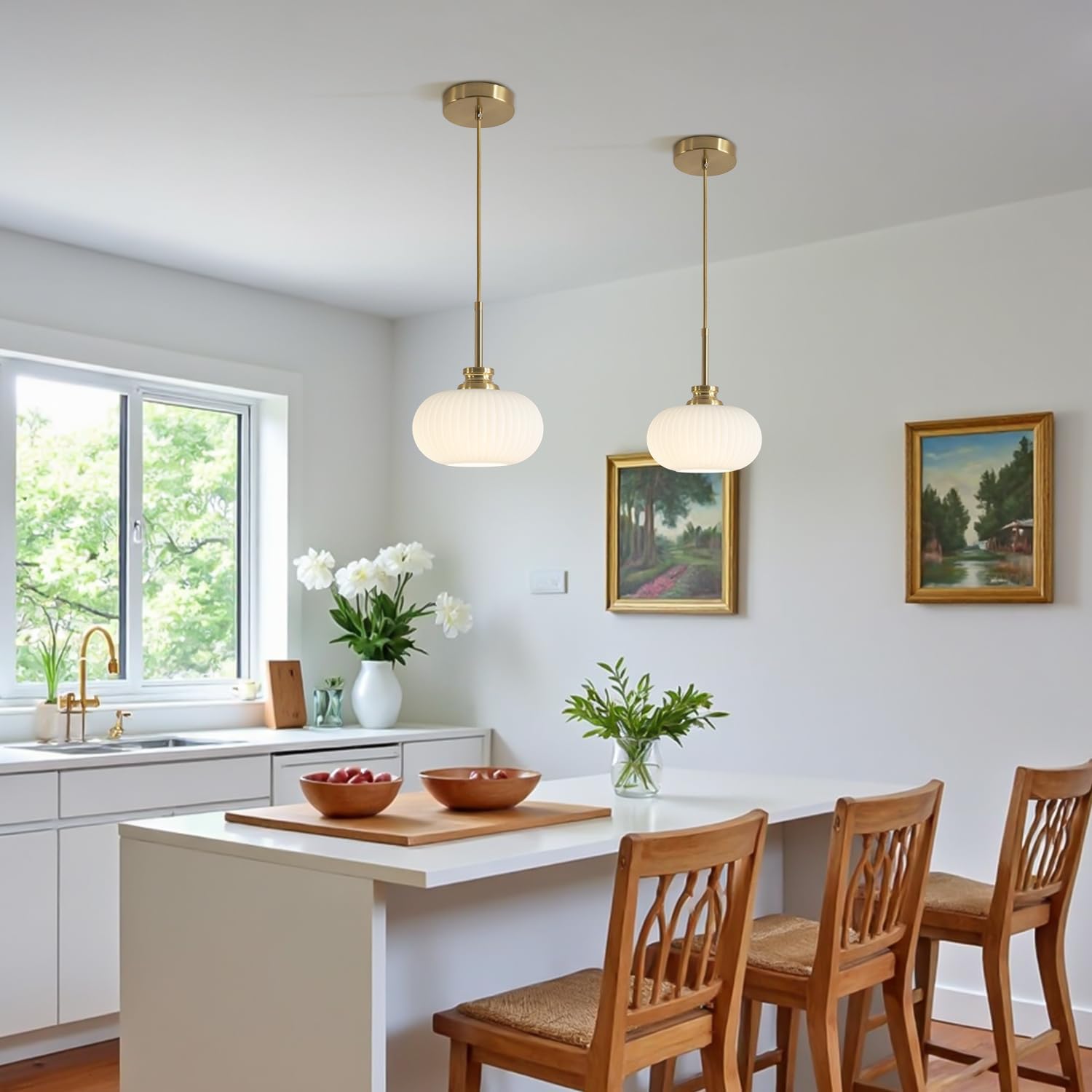 KCO Lighting Mid Century Modern Pendant Lighting Vintage Gold Pendant Light 7 Inch Small Milk Glass Hanging Light Fixture Antique Brass Pendant Lights Kitchen Island