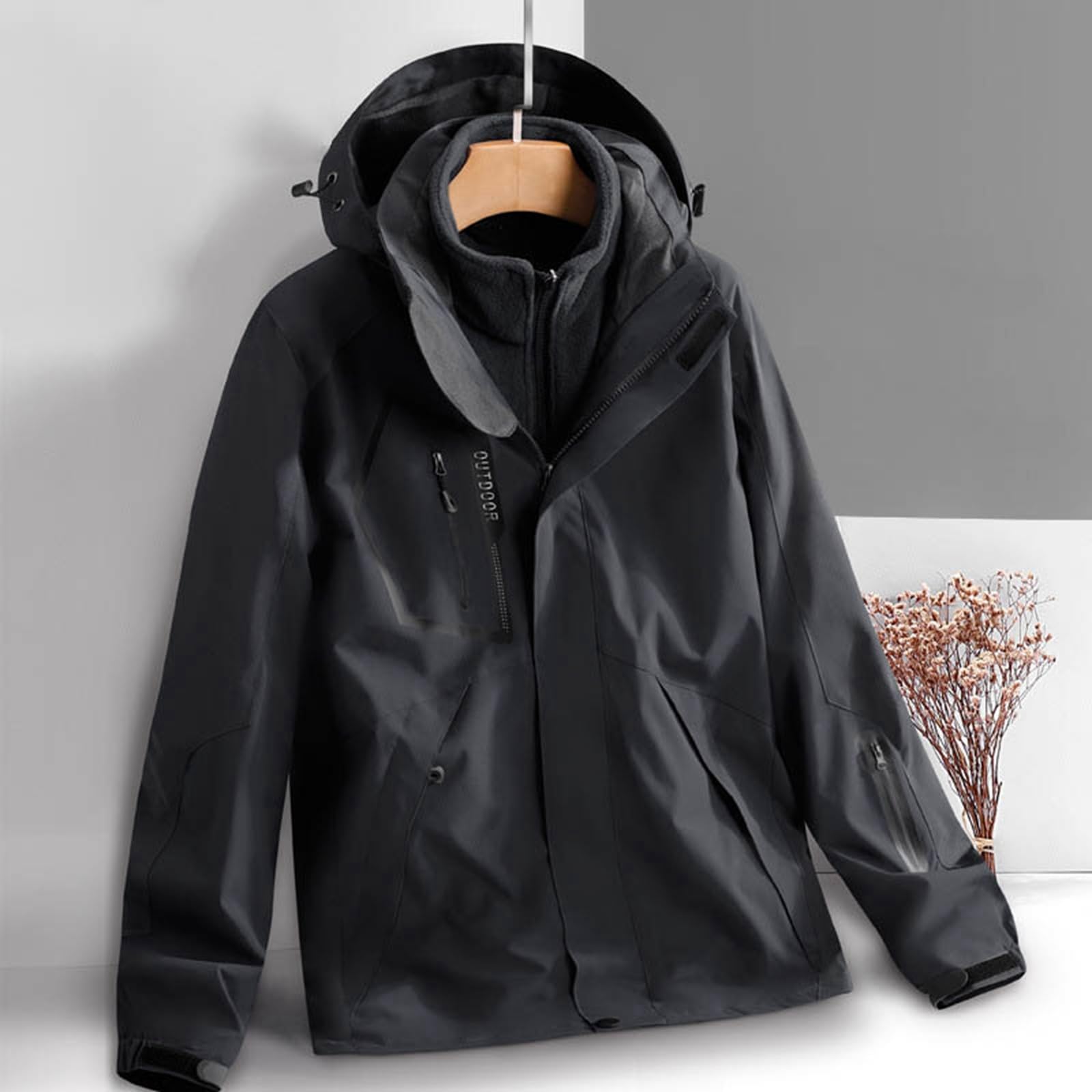 Generisch Veste de pluie imperméable en deux pièces - Veste d'extérieur pour femme - Manteau d'hiver coupe-vent avec capuche amovible - Manteau chic pour femme