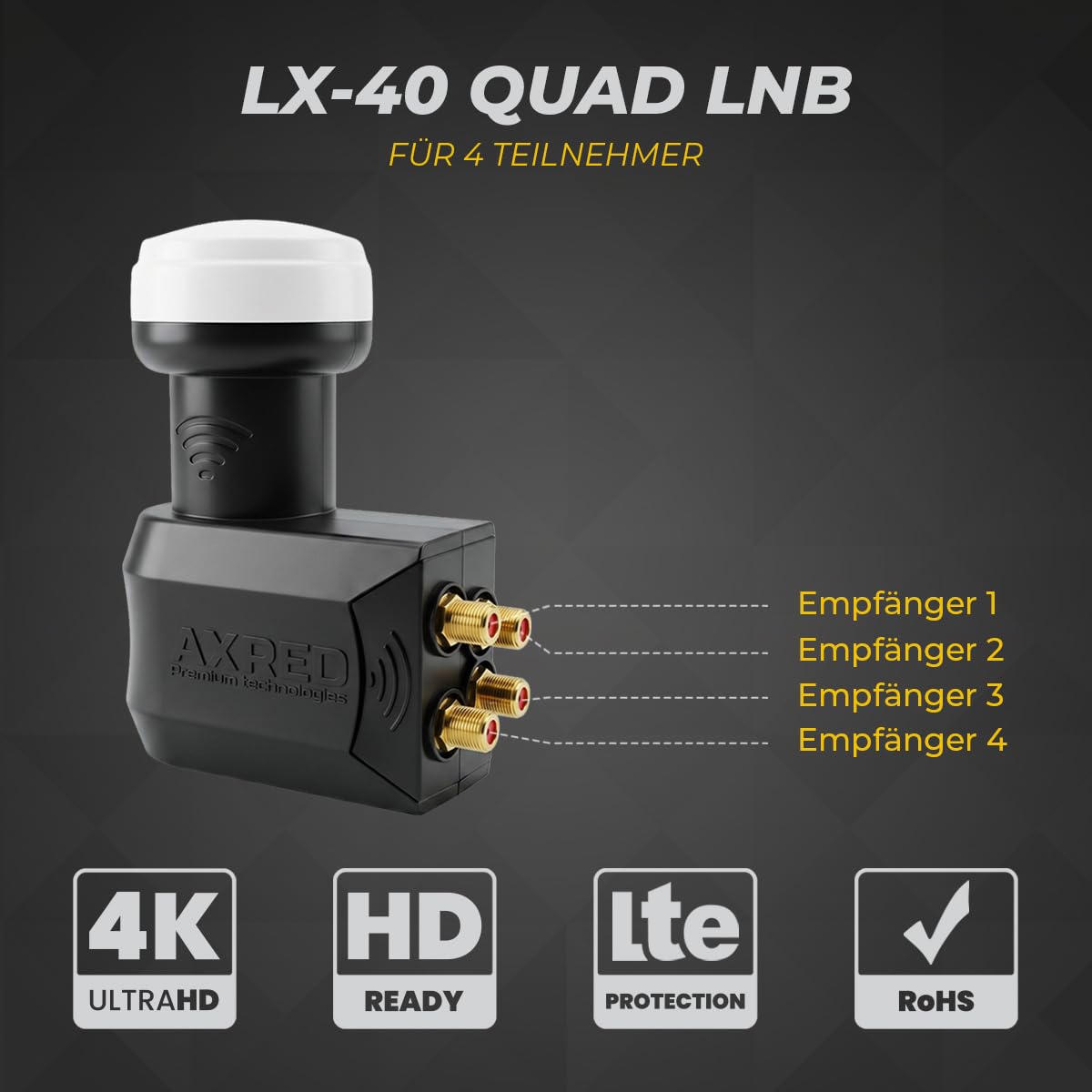 [Prueba muy bien, nota 1,0*] Protector contra la intemperie AXRED Quad LNB conector 4X F, LMB digital 4K HD 4 vías para 4 participantes con protección contra la intemperie, para TV Satélite, LNC