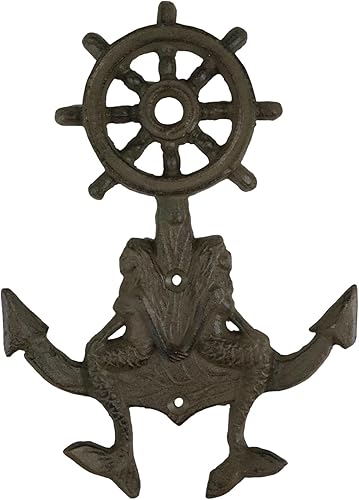 Ebros Gift Hierro fundido rústico acabado bronce sirenas náuticas sentadas en barco ancla y timón timón timón 2-clavijas gancho doble pared perchas