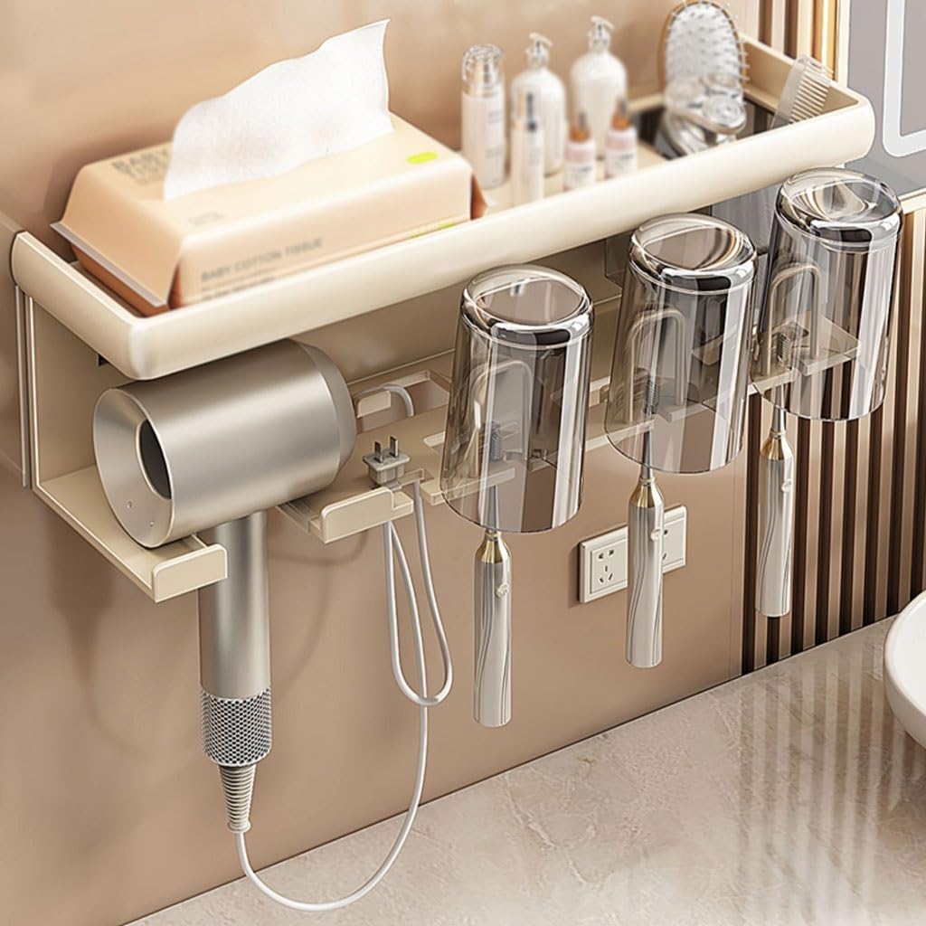 Portacepillos de Dientes Soporte Autoadhesivo for cepillos de Dientes montado en la Pared, Estante de Almacenamiento for el baño, Soporte for Pasta Dental, Puede Contener secador de Pelo y cosméticos