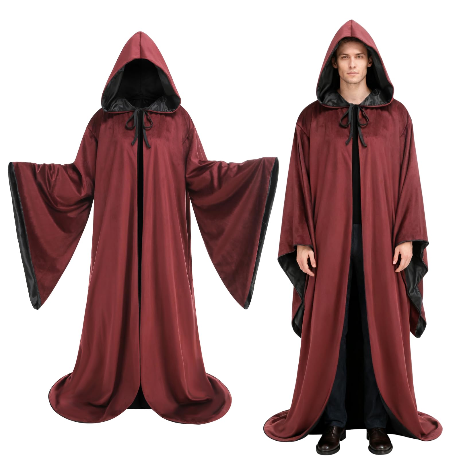 Reversible Adult Wizard Robe with Satin & Dutch Velvet Fabric,Double Sided Style Medieval Hooded Wizard Costume