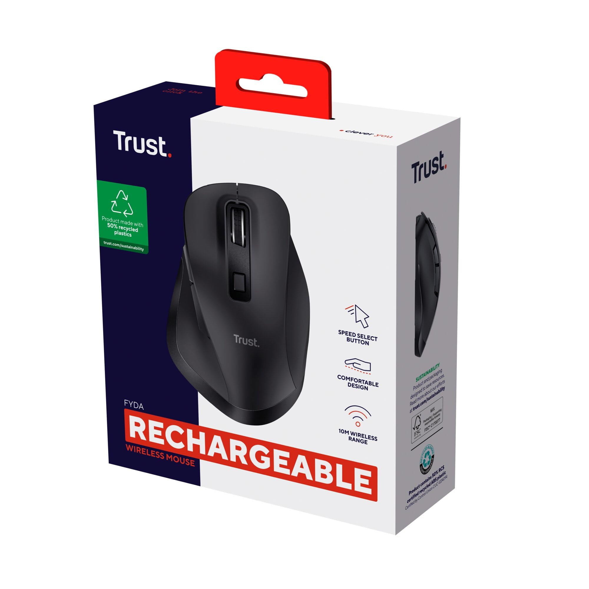 Trust Fyda Mouse Wireless Ricaricabile, Design Sostenibile, 800-2400 DPI, 6 Pulsanti, 2,4 GHz, Ricevitore USB, Mouse Ergonomico senza Filo per Laptop, PC, Computer, Macbook, Ufficio - Nero