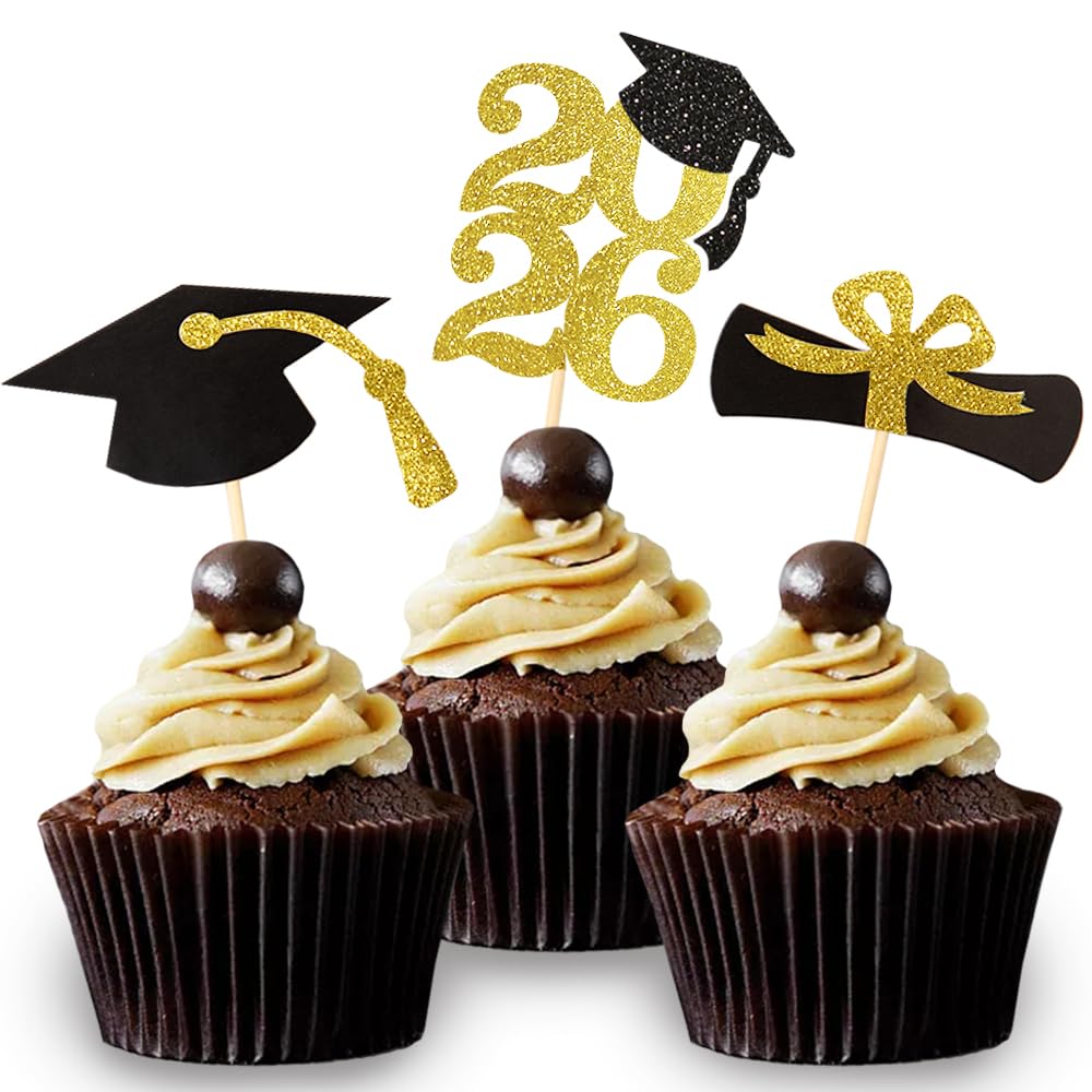 2026 Gold Glitter Graduation Cupcake Topper