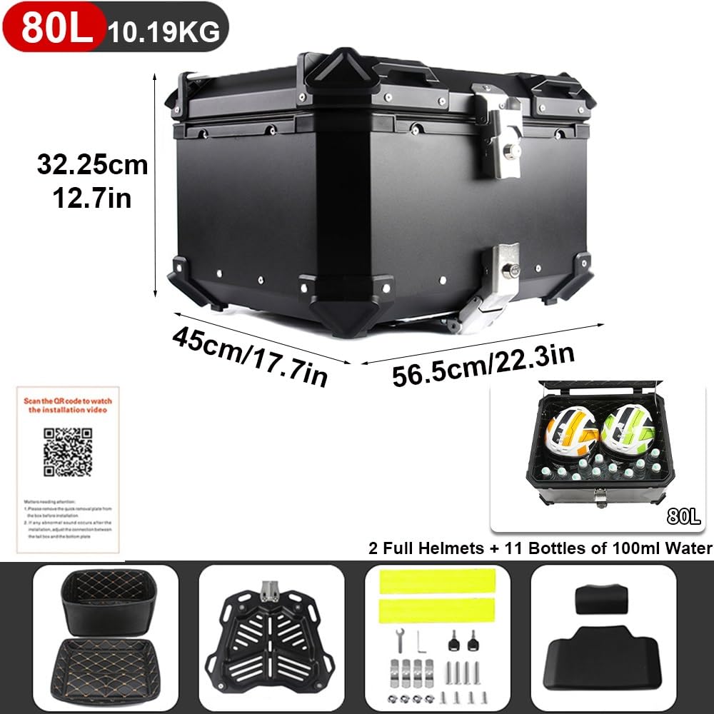 Aluminio Baúl De Moto Universal Topcase, Scooter Maleta, Caja De Motocicleta 28L 36L 45L 55L 65L 80L 100L Gran Capacidad Maletero De Moto(Negro,80L)