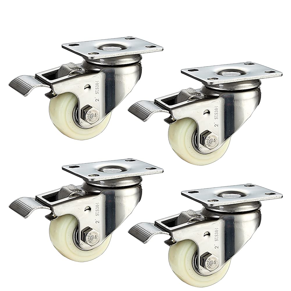 Kółka do mebli Kółka meblowe 2 cale (50 mm) Stal nierdzewna 304 Wspornik Heavy Duty 480 kg Cichy nylon z hamulcem Płyta obrotowa Mała do stołu Biurko Wózek Łóżeczko dziecięce Łóżeczko 4 szt