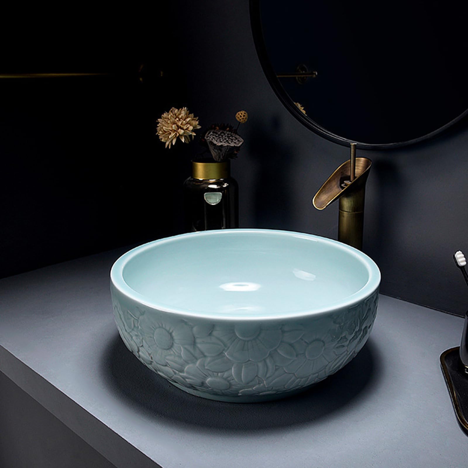 Aioneer Round Countertop Basin Sink,Ceramic Vessel Washbasin For Lavatory Bathroom Vessel Sink Round Porcelain Bathroom Sink Above Counter With Flower