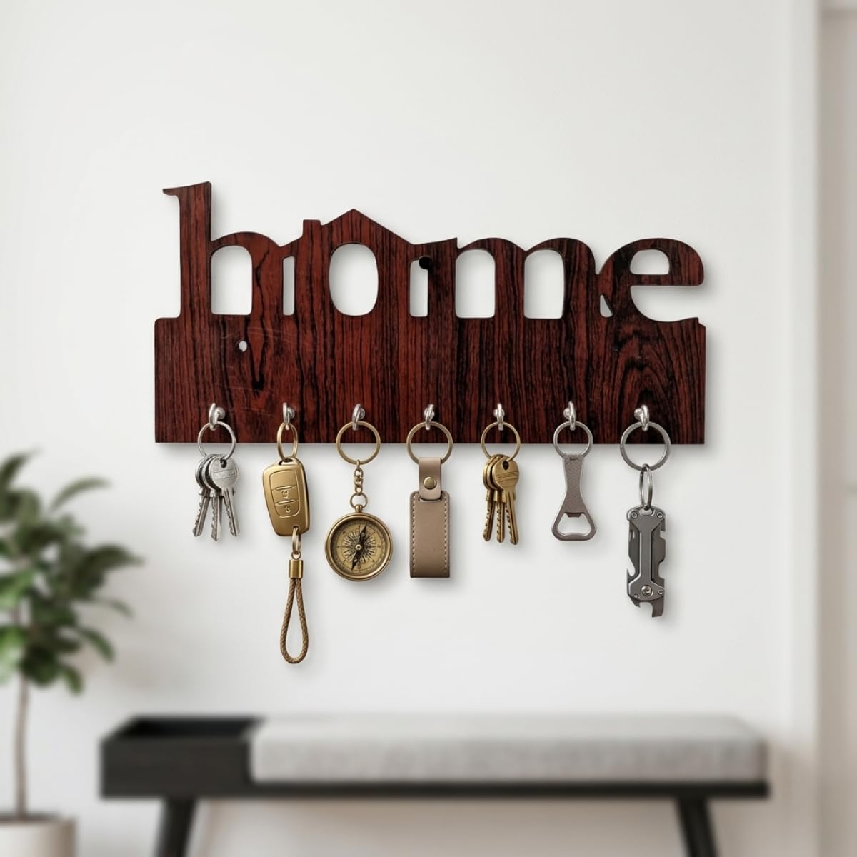 Wooden Home Deign Key Holder for Wall | 7 Hooks Wall Mounted Key Hanger for Home Entrance | Decorative Wooden Key Stand for Living Room & Office | Key Organizer Rack for Wall Decor Brown-image-16