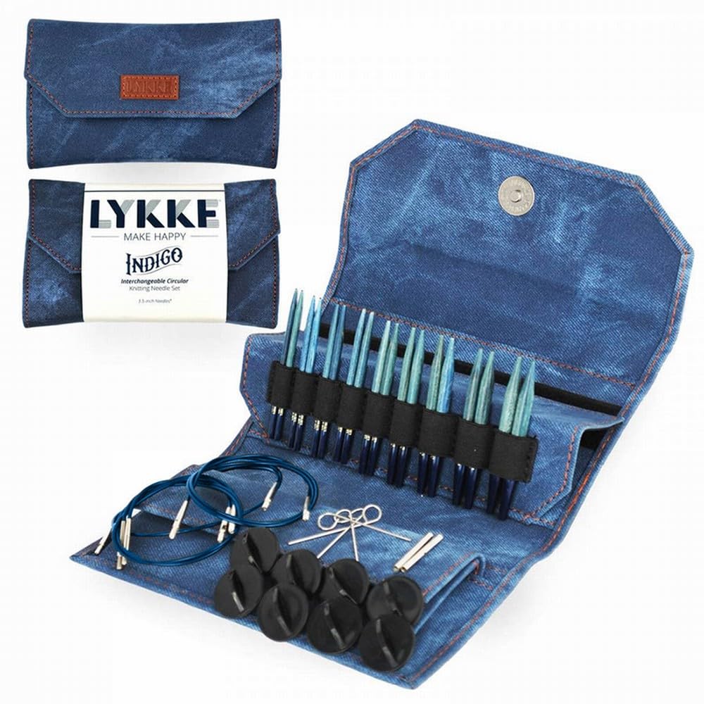 Lotus Yarns Lykke Rundstricknadel-Set aus farbigem Holz, austauschbar, 7 cm, 9 Paar Nadelspitzen, 4 Kordeln, 2 Verbinder, 4 Schlüssel und 8 Stopper (Indigo)