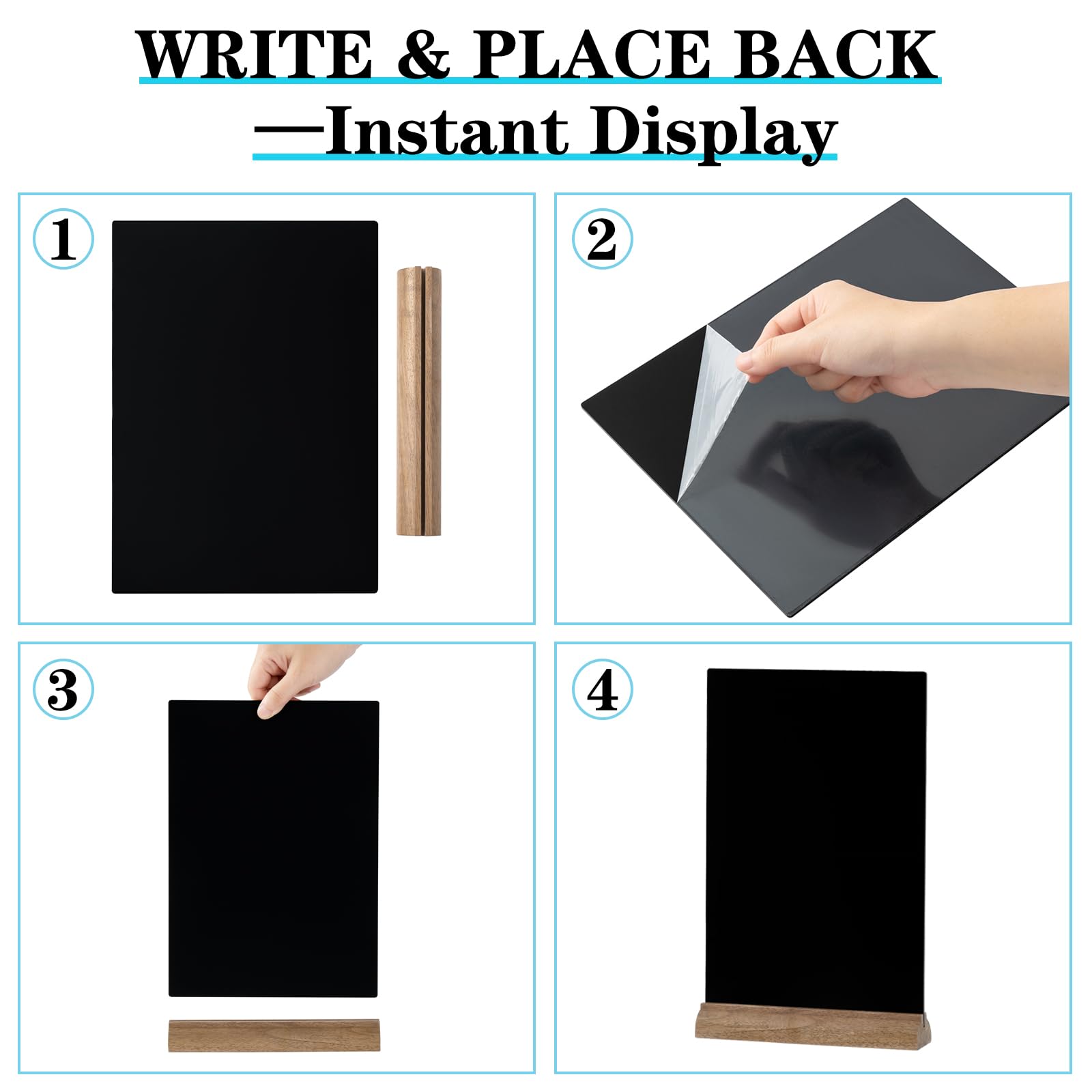 4 Piezas Pizarra Negra A4 Acrílico 3mm con Base Madera, Doble Cara Lisa/Rugosa, Horizontal/Vertical, Borrable Paño Húmedo, Cartel Mesa para Bar Restaurante Tienda