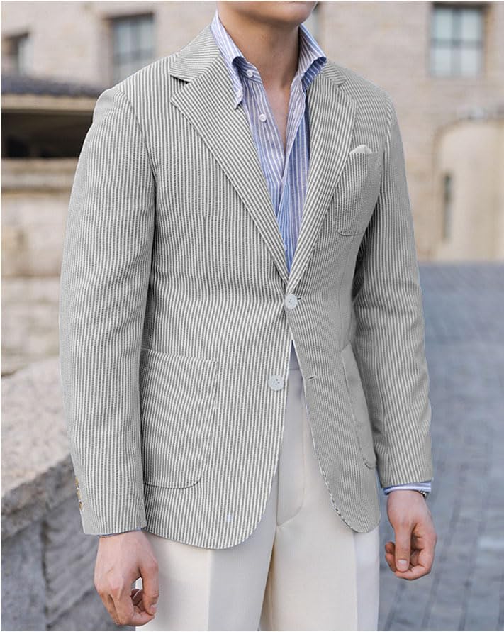 Mens Seersucker Jacket Coat Striped Groom Tuxedo Party Prom Business Leisure Workwear Wear Beach Casual Blazer3