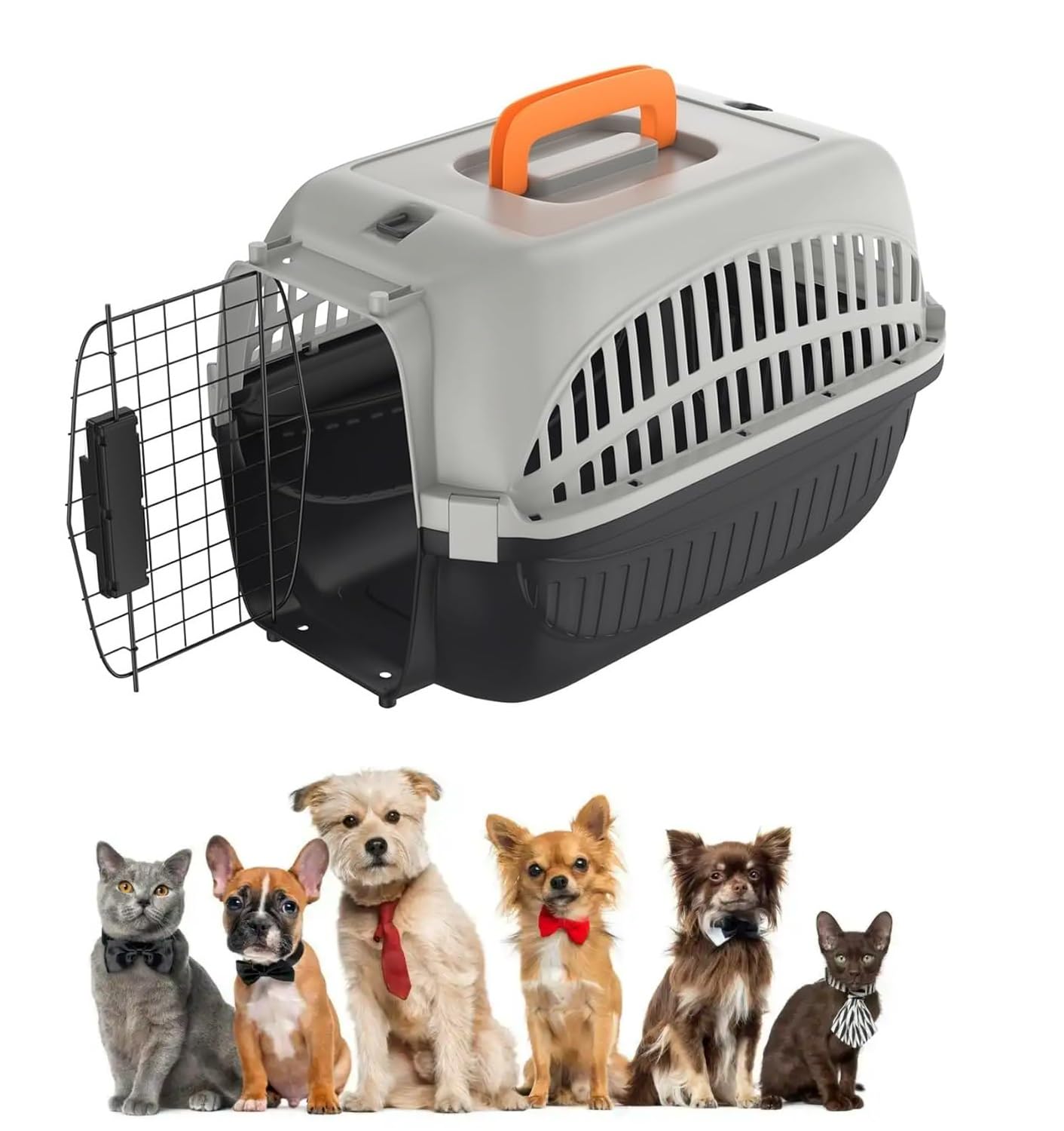 UISEBRT Katzentransportbox, Transportbox Katze mit Metalltür Vorne Tiertransportbox,Transportbox Hund für Kleine Haustiere/Katzen/Hunde/Kaninchen bis 10 kg, Grau+Schwarz