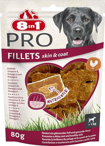 8in1 Pro Fillets Skin und Coat - Hunde-Snack mit Hähnchen, funktionale Leckerlis für ausgewachsene Hunde, angereichert mit Lachsöl, 80g Beutel 8in1 Pro Fillets Skin und Coat - Hunde-Snack mit Hähnchen, funktionale Leckerlis für ausgewachsene Hunde, angereichert mit Lachsöl, 80g Beutel
