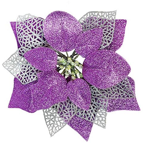 YOSICHY Glitter Christmas Poinsettia Flowers Artificial Christmas Tree Ornaments Decorations with Stems Pack of 12(Silver&Purple) Cover