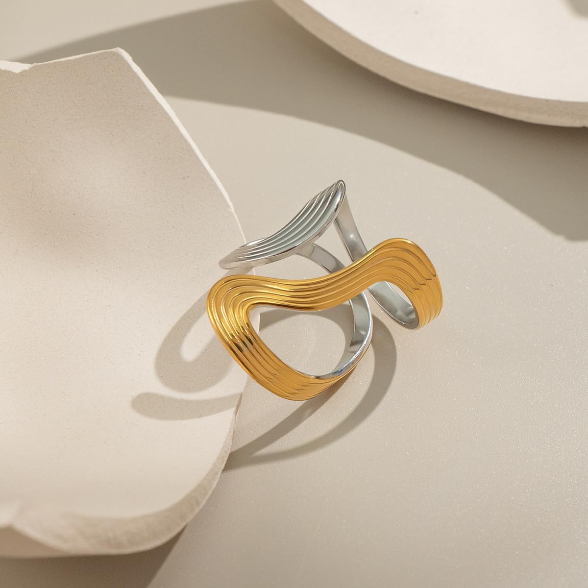 Gold Silver Mixed Metal Thumb Ring For Women, Chunky Asymmetrical Wavy Curve Ring Pinky Index Finger Split Rings Dainty Adjustable Stainless Steel Waterproof Non Tarnish Jewelry Gift - Image 4