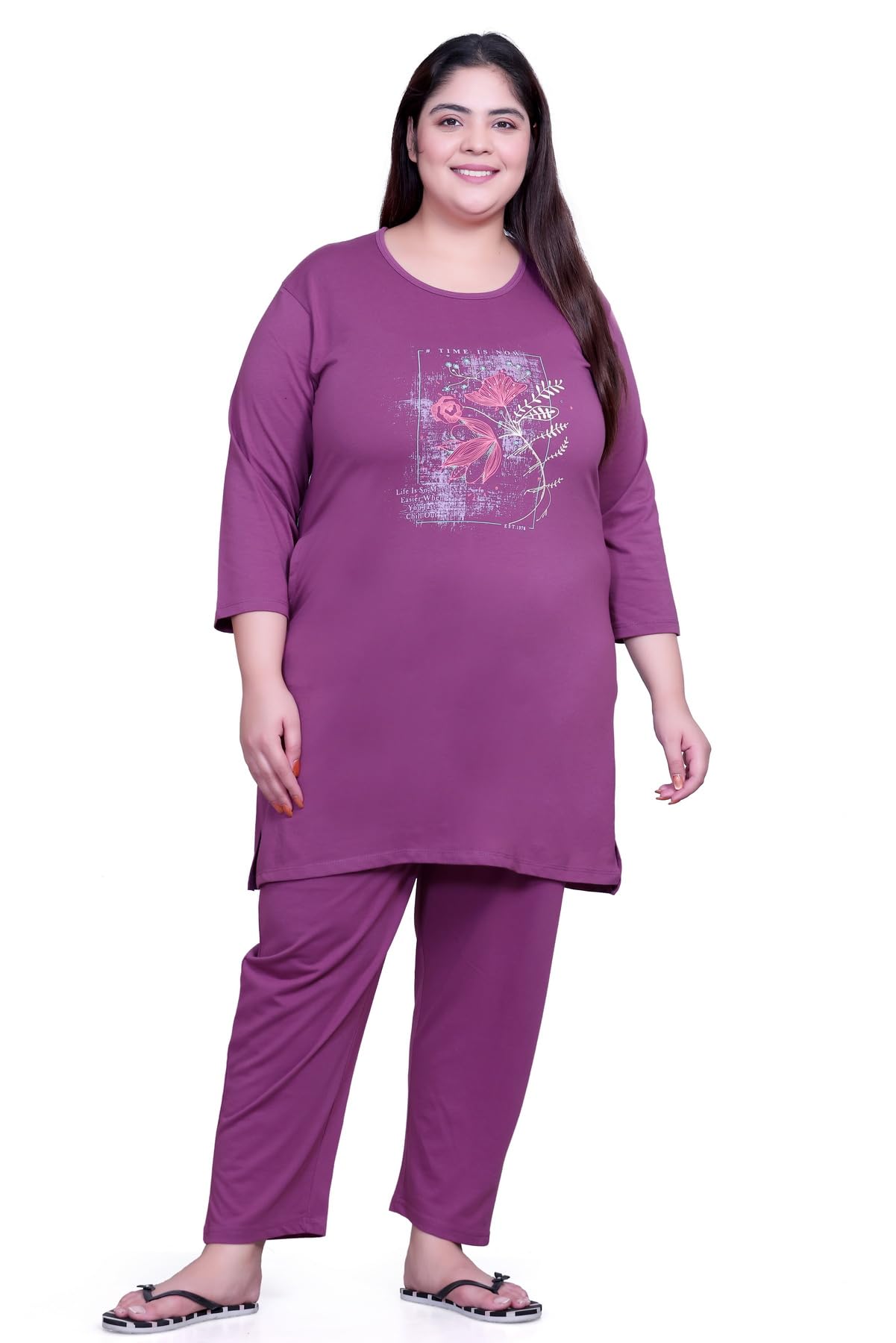 Women's Cotton Chest Printed Full Sleeve Plus Size Long T-Shirt with Lower Set-image-8