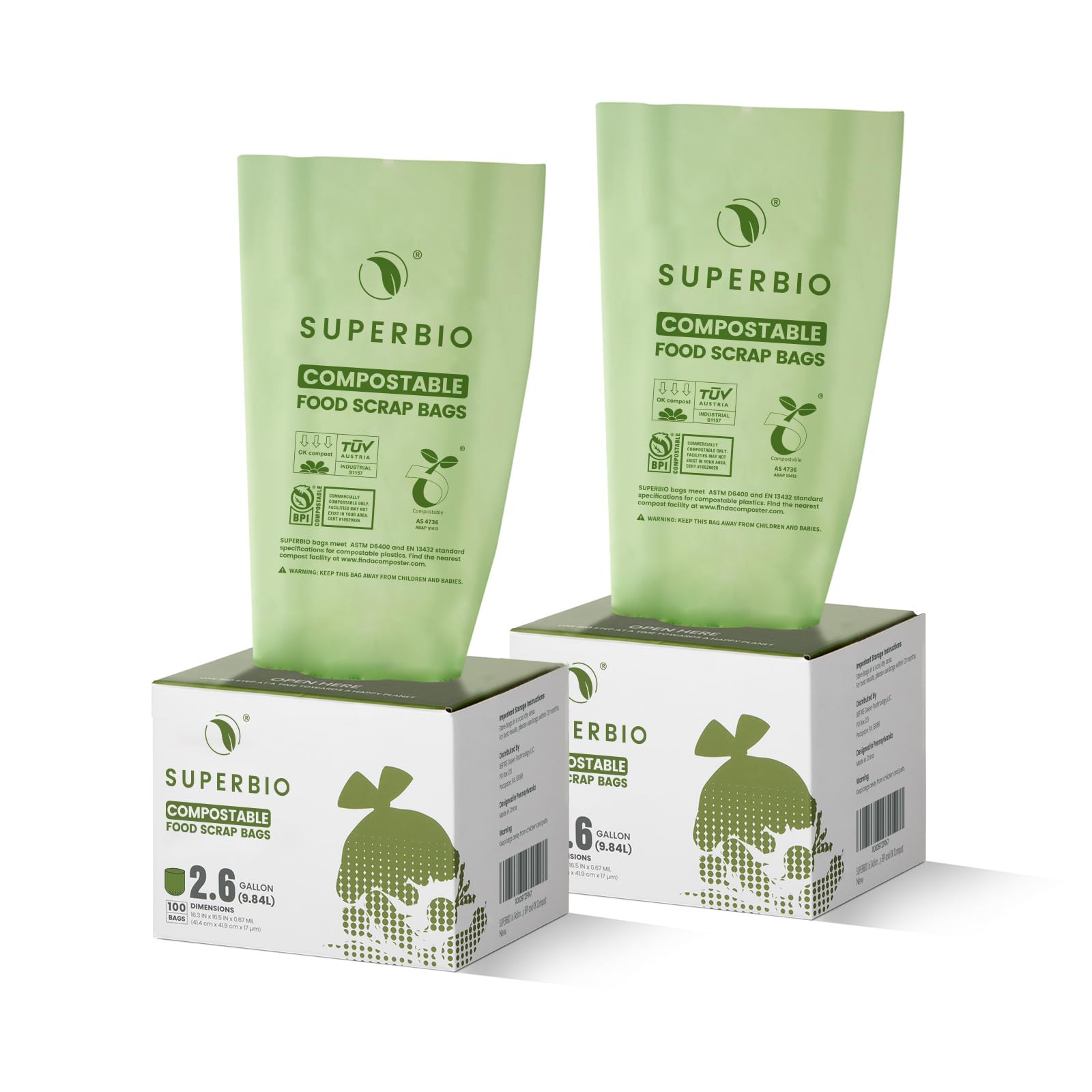 SUPERBIO 2.6 Gallon Flat Top Compostable Food Waste Bags, 100 Count, 2 Pack,9.84L, Food Scrap Bags, BPI Certified and OK compost INDUSTRIAL
