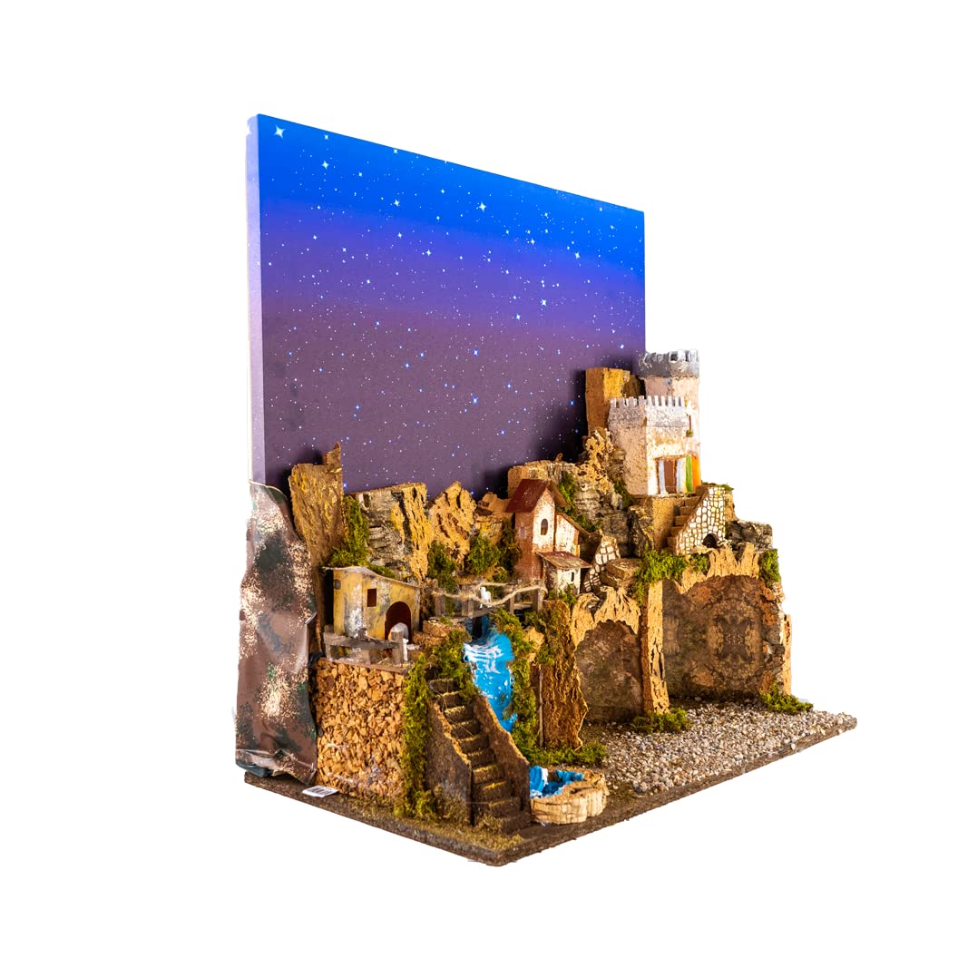 Holyhome Crèche 60 x 34 x 44 cm (23,62 x 13,38 x 17,32 pouces) avec lumière et ciel étoilé en fibres optiques, fabriquée et peinte à la main, fabriquée en Italie