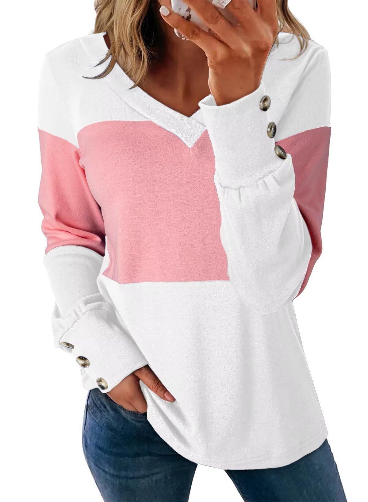 GUUKA Womens Long Sleeve Color Block Tunic Top V-Neck Casual T-Shirts Fall Winter 2025 Trendy