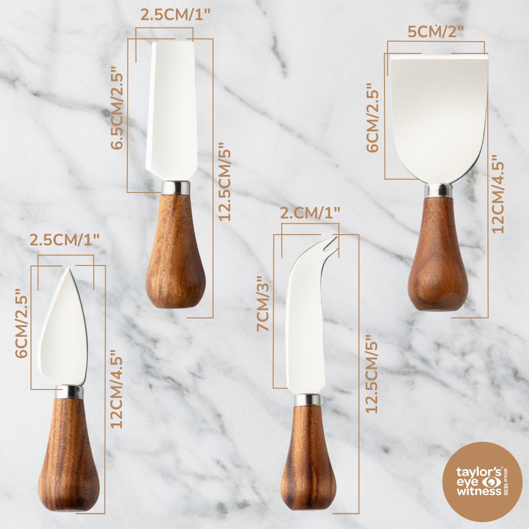Juego de cuchillos de queso de acacia de 4 piezas y soporte de pizarra de 3 niveles. Elegante juego de cuchillos de queso con soporte de pizarra etagere, mangos de cuchillos de madera de acacia y