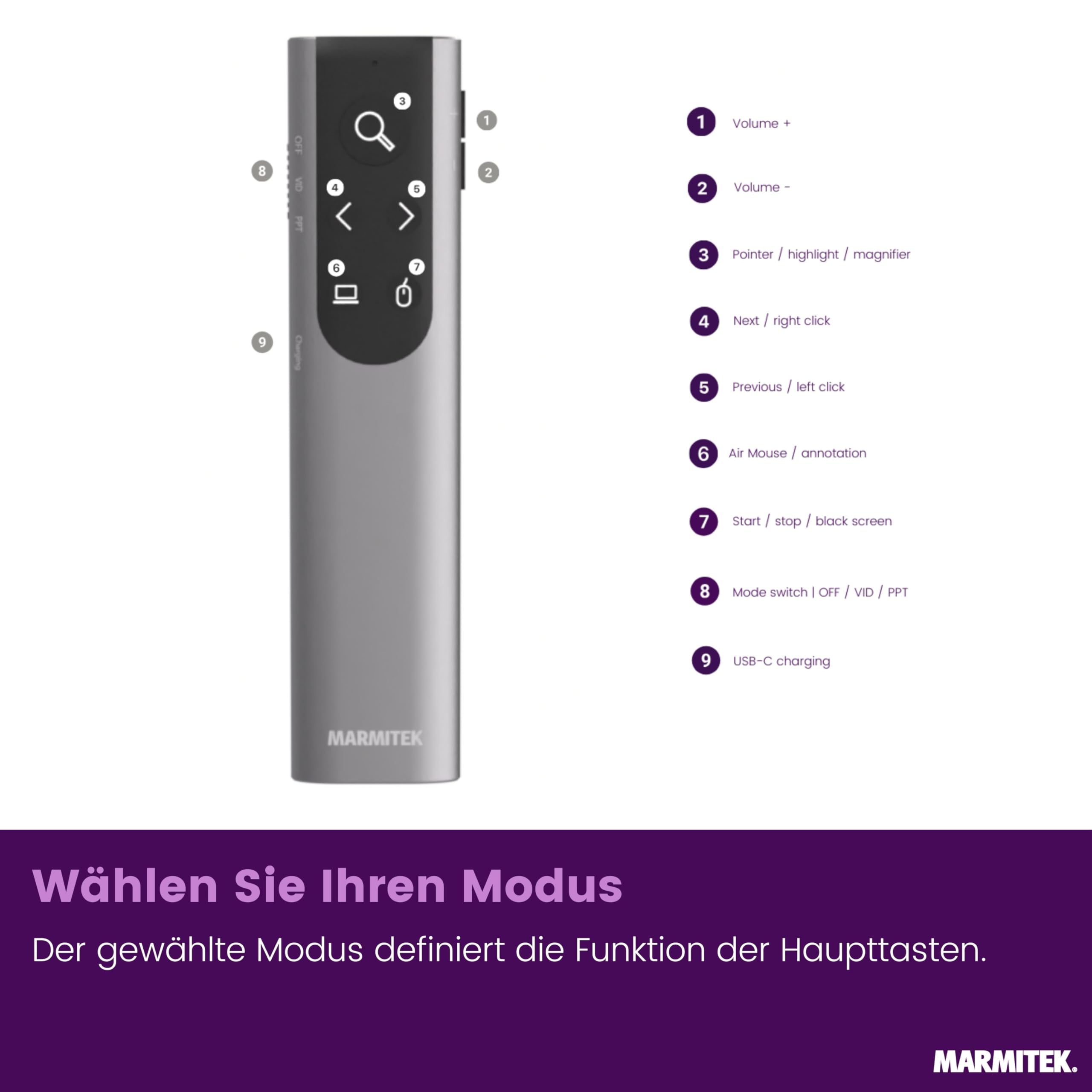 Marmitek WPR 400A - Präsentationsklicker mit digitalem Pointer Air Mouse | Wireless Presenter mit Zoom- und Markierfunktion, USB-C/USB-A Empfänger, PowerPoint Clicker, 100 m Reichweite, Windows/Mac