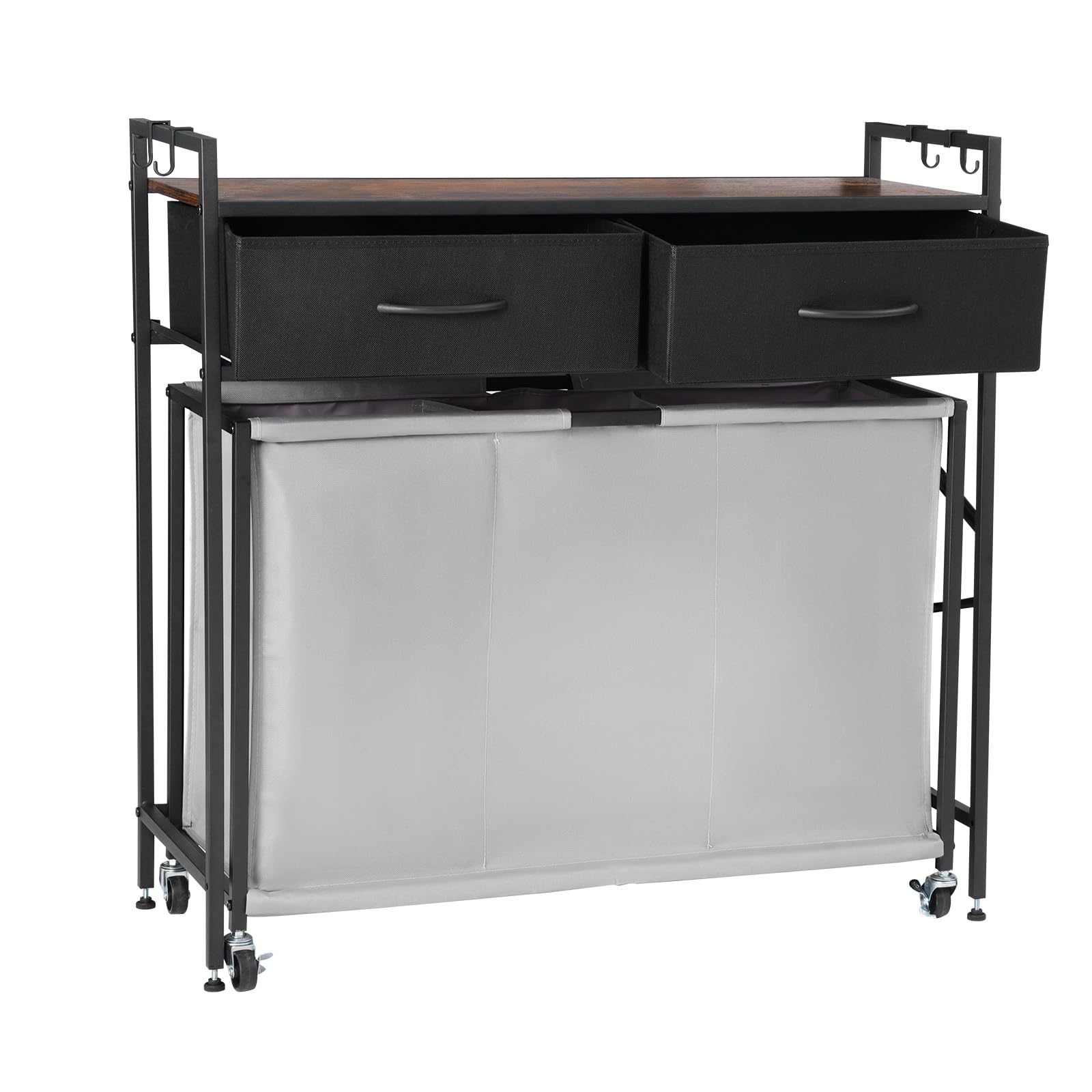 Vevor Black 3 Section Laundry Sorter, Rolling Laundry Hamper With 2 Drawers, Hooks & Wheels, Rolling Basket Organizer Storage With Pull-Out Rolling Bags And Wooden Tabletop For Dirty Clothes, Bathroom